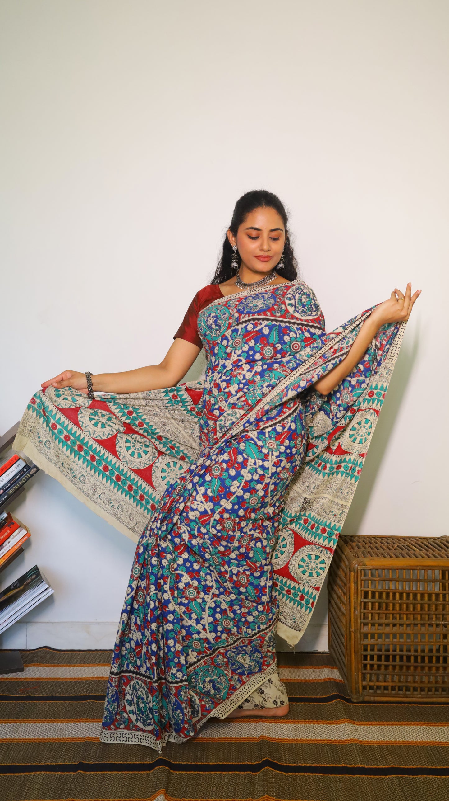 Gorgeous blue Kalamkari cotton saree with intricate design in red and teal blue - BOOMIKA