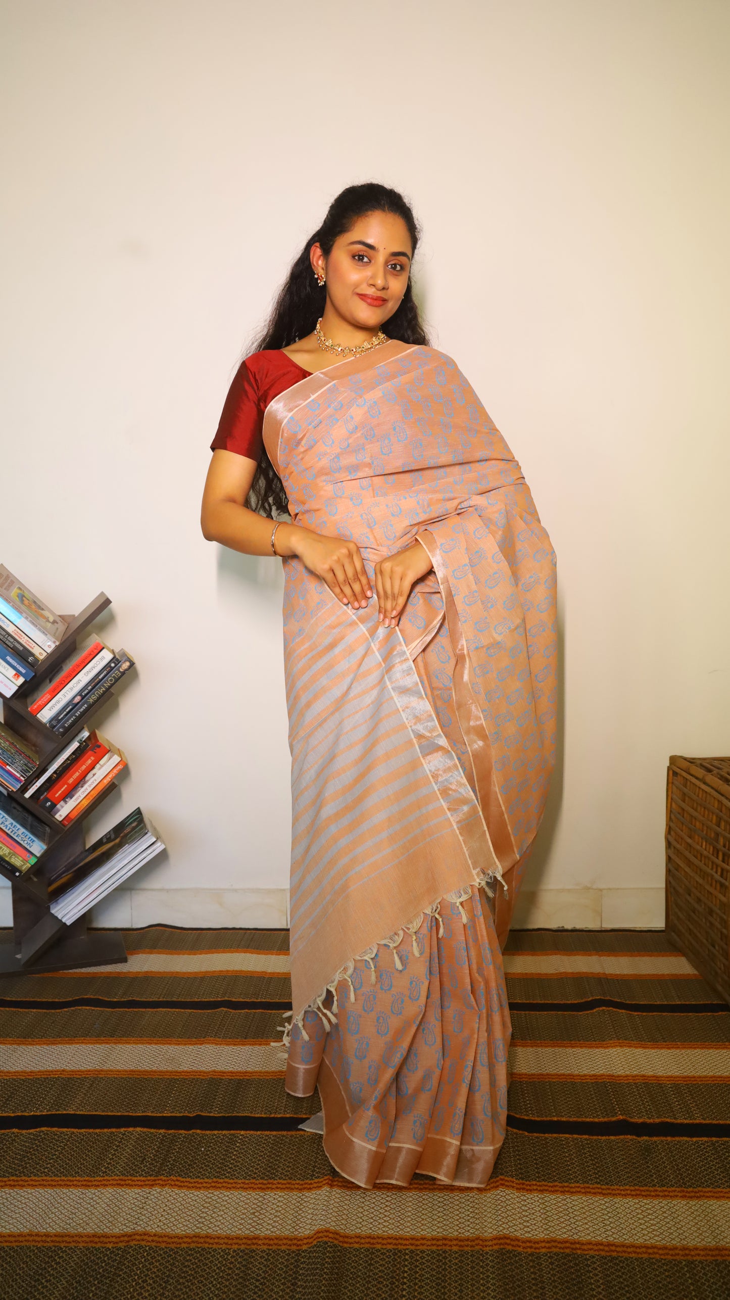 Elegant pink block print cotton saree with buttas all over body in blue - BOOMIKA