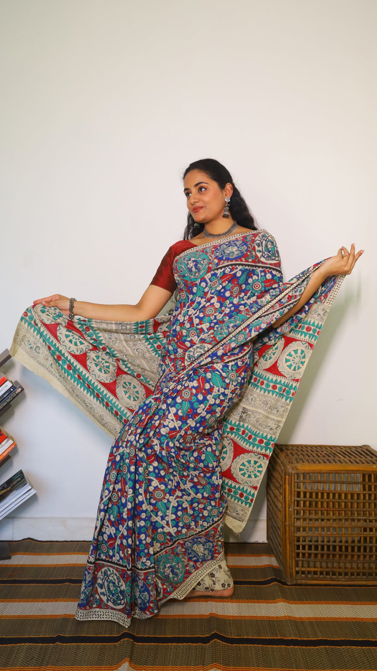 Gorgeous blue Kalamkari cotton saree with intricate design in red and teal blue - BOOMIKA
