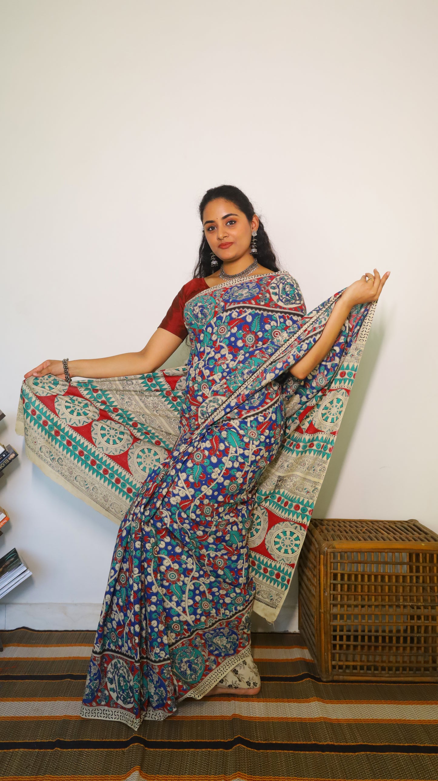 Gorgeous blue Kalamkari cotton saree with intricate design in red and teal blue - BOOMIKA