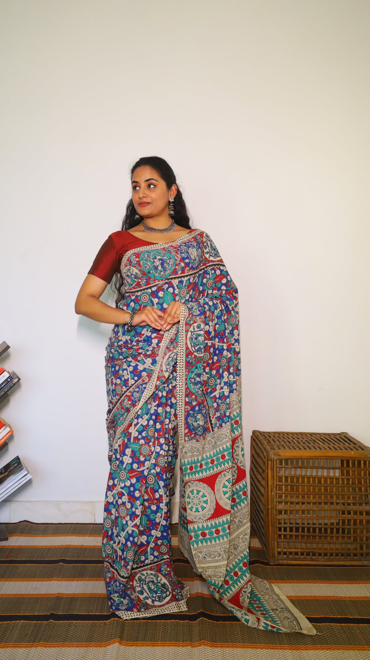 Gorgeous blue Kalamkari cotton saree with intricate design in red and teal blue - BOOMIKA