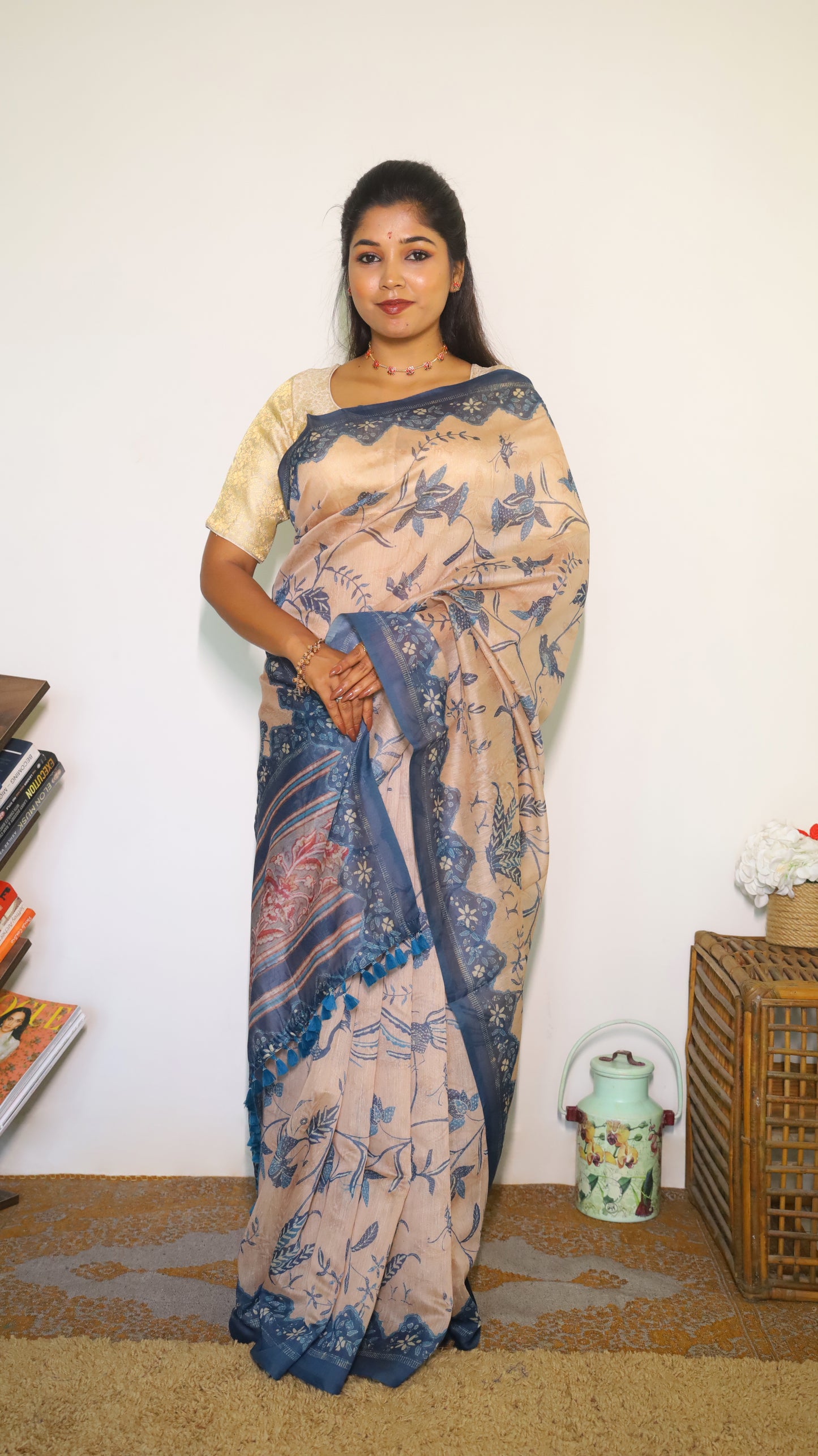 Artisanal beige Chanderi Silk Cotton saree decorated with nature-inspired motifs of birds and florals in muted tones - BOOMIKA