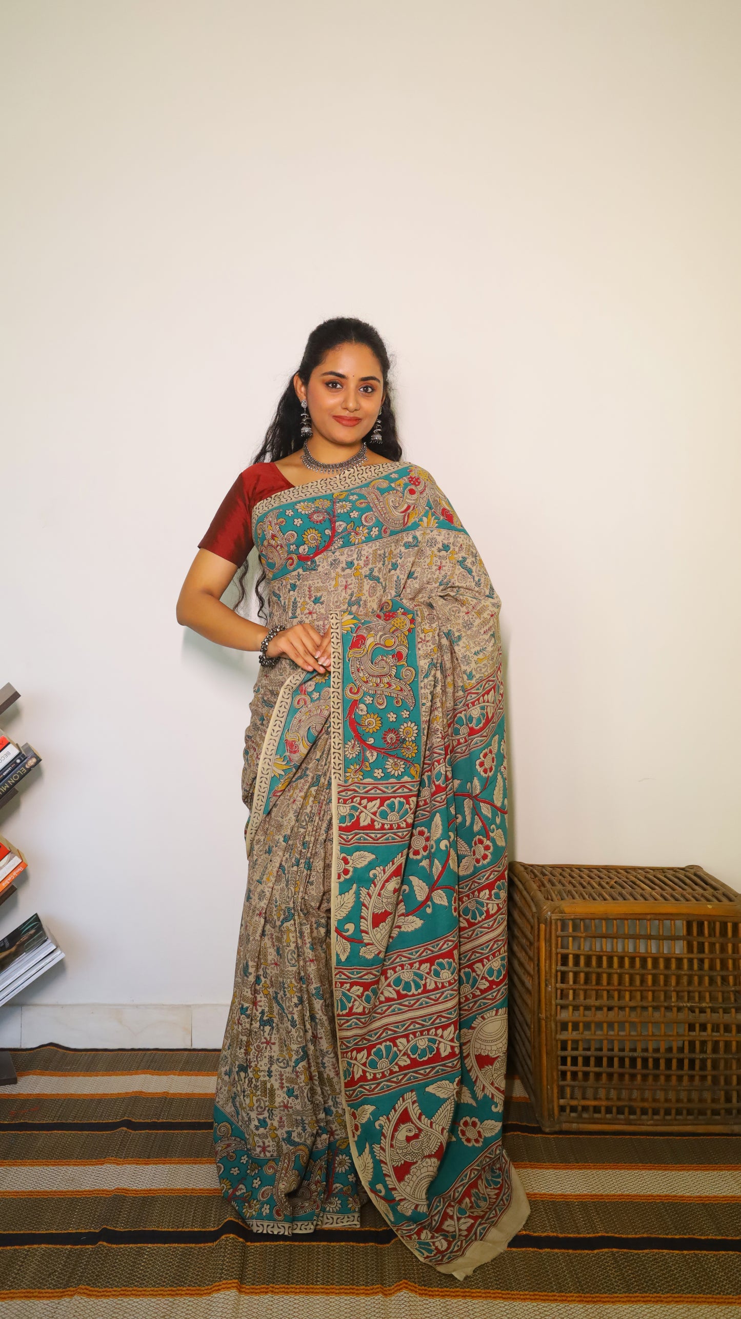 Vibrant multicolor soft cotton kalamkari saree featuring traditional motifs in floral patterns - BOOMIKA