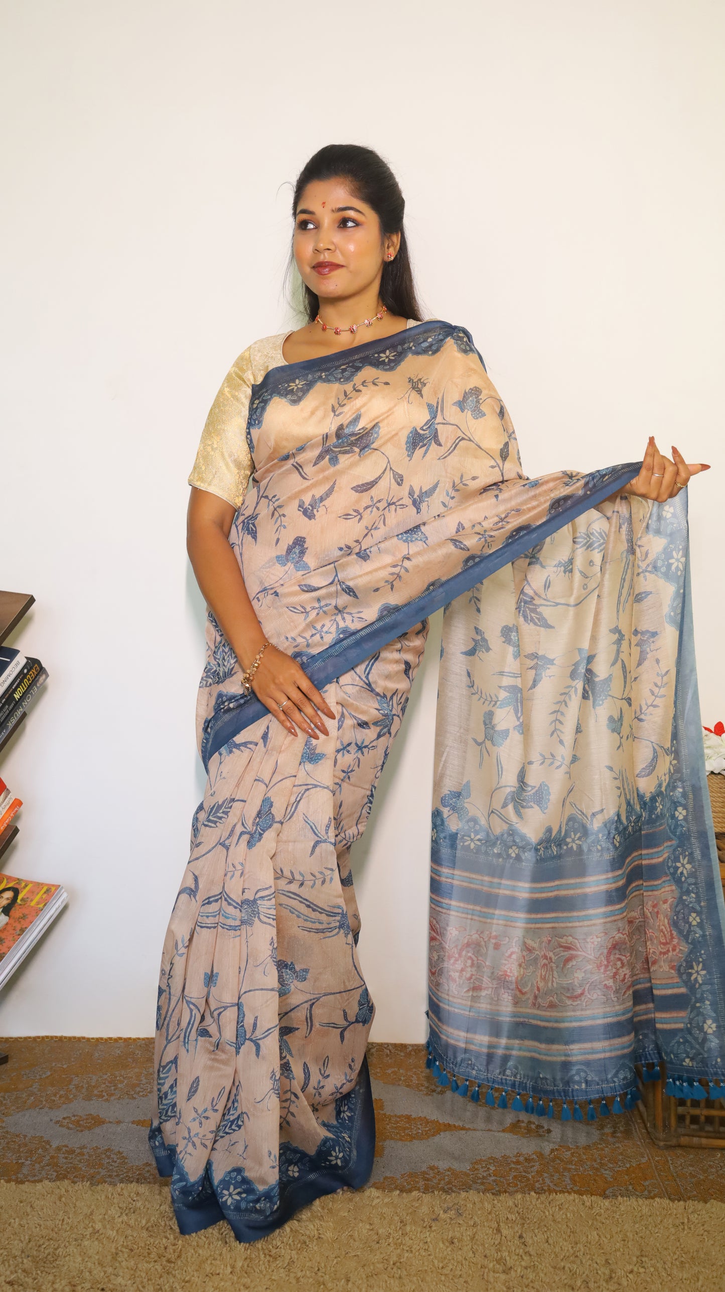 Artisanal beige Chanderi Silk Cotton saree decorated with nature-inspired motifs of birds and florals in muted tones - BOOMIKA