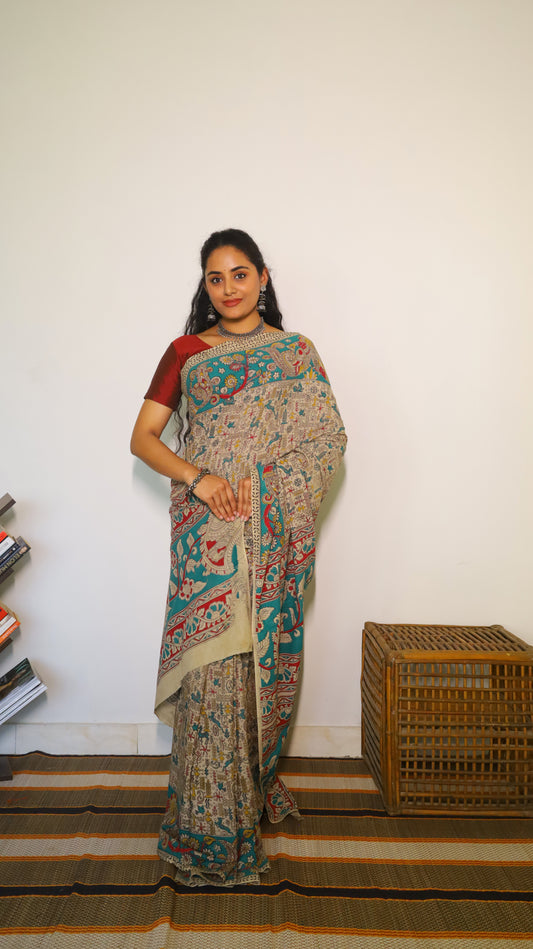 Vibrant multicolor soft cotton kalamkari saree featuring traditional motifs in floral patterns - BOOMIKA