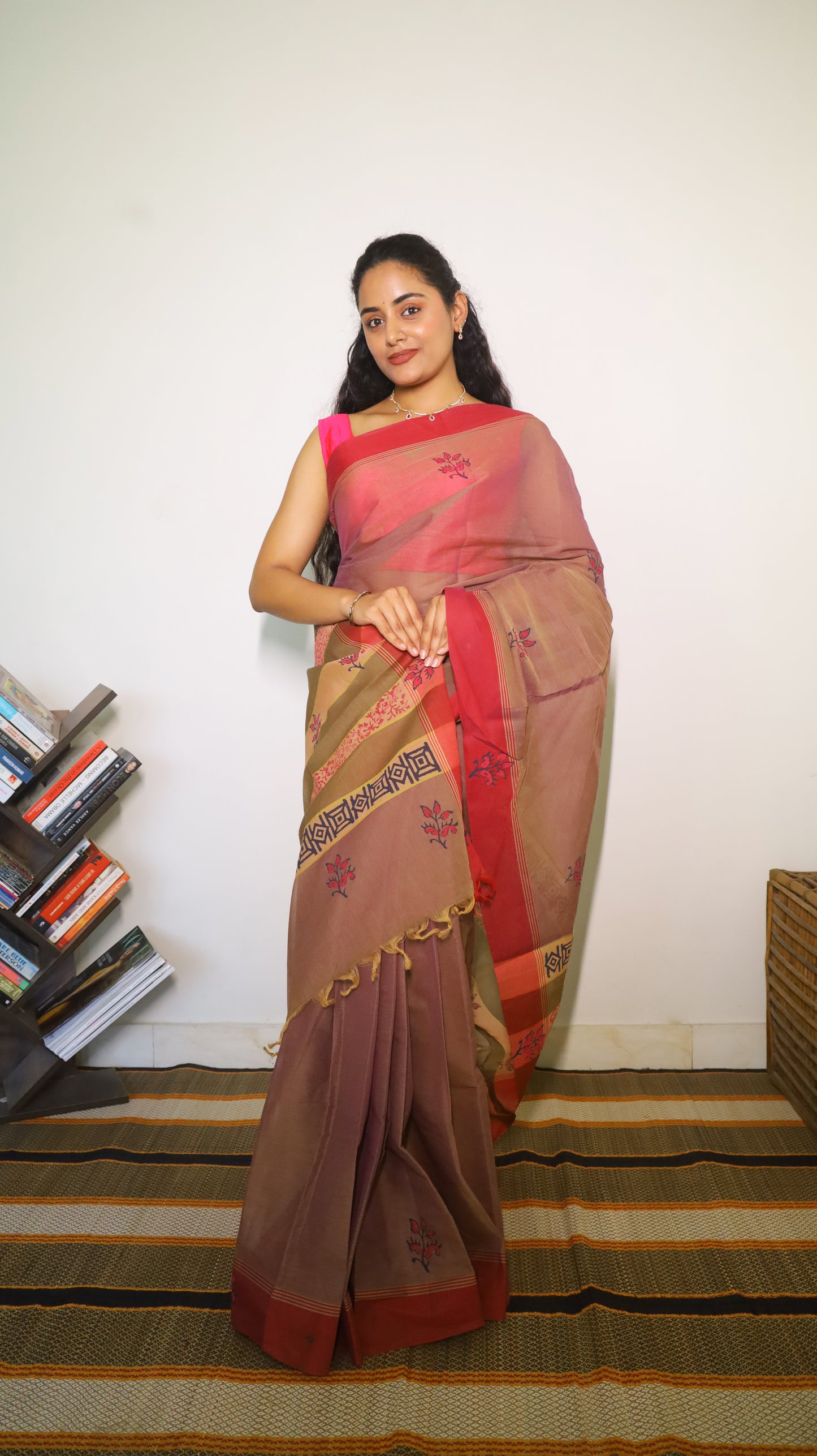 Breathable purple cotton saree with floral block print  - BOOMIKA
