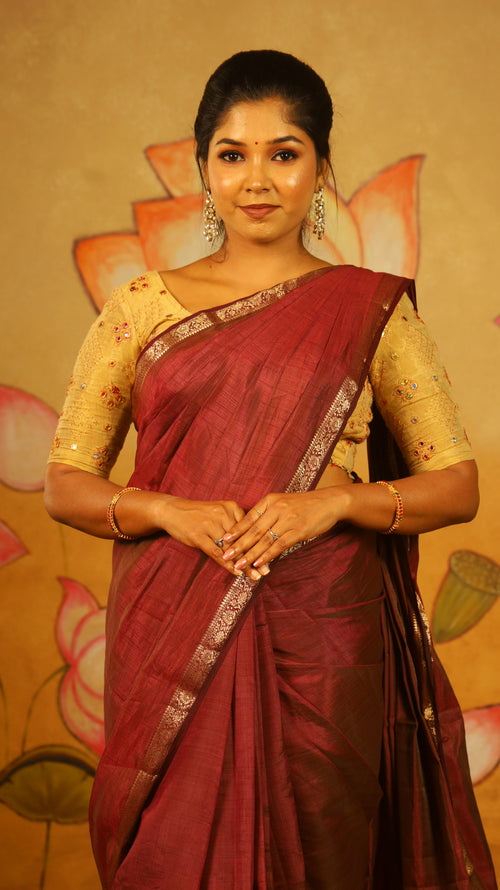 Classic wine red Semi Soft Silk Saree with rich gold zari woven border - AVANTHIKA