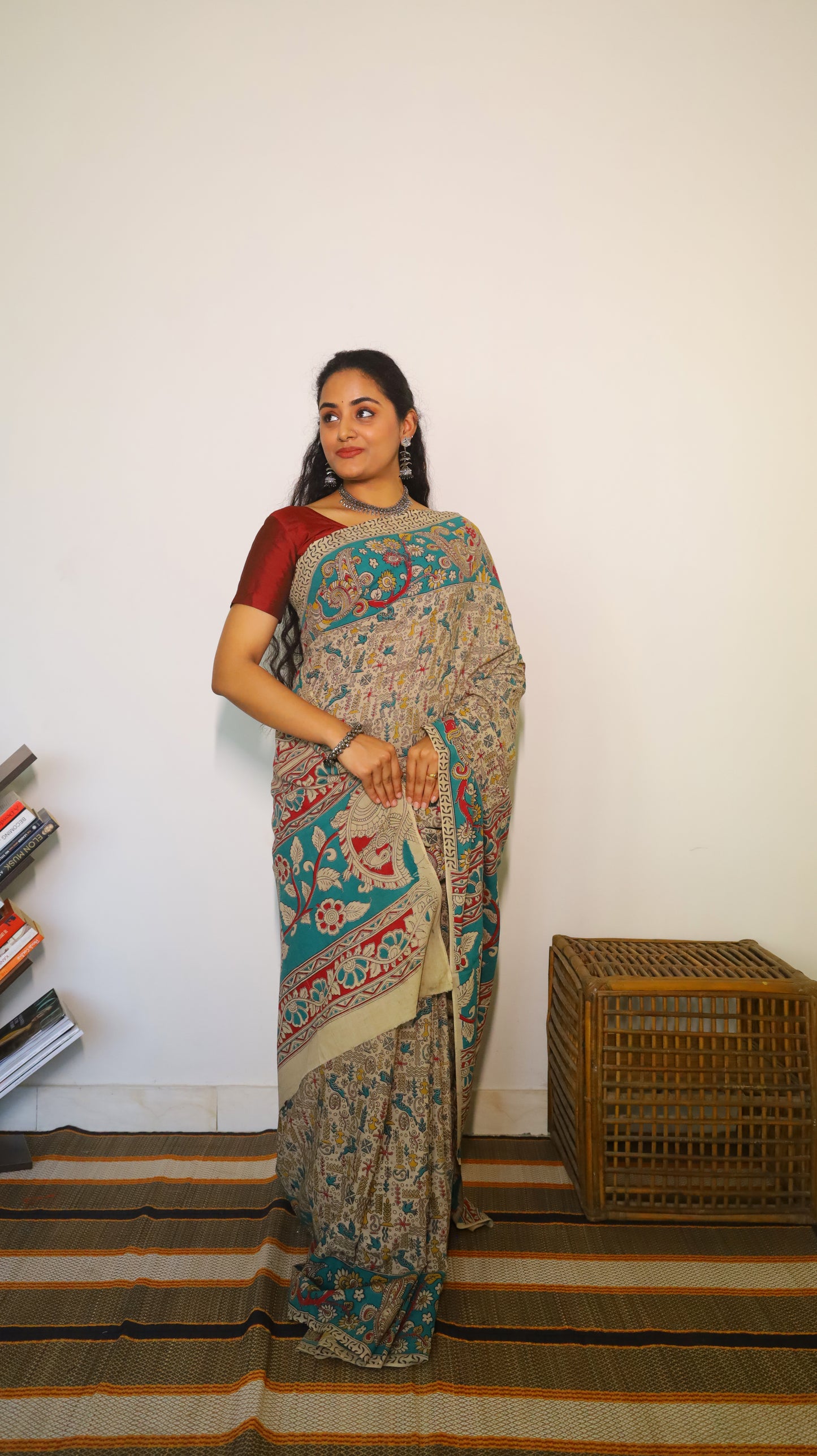 Vibrant multicolor soft cotton kalamkari saree featuring traditional motifs in floral patterns - BOOMIKA