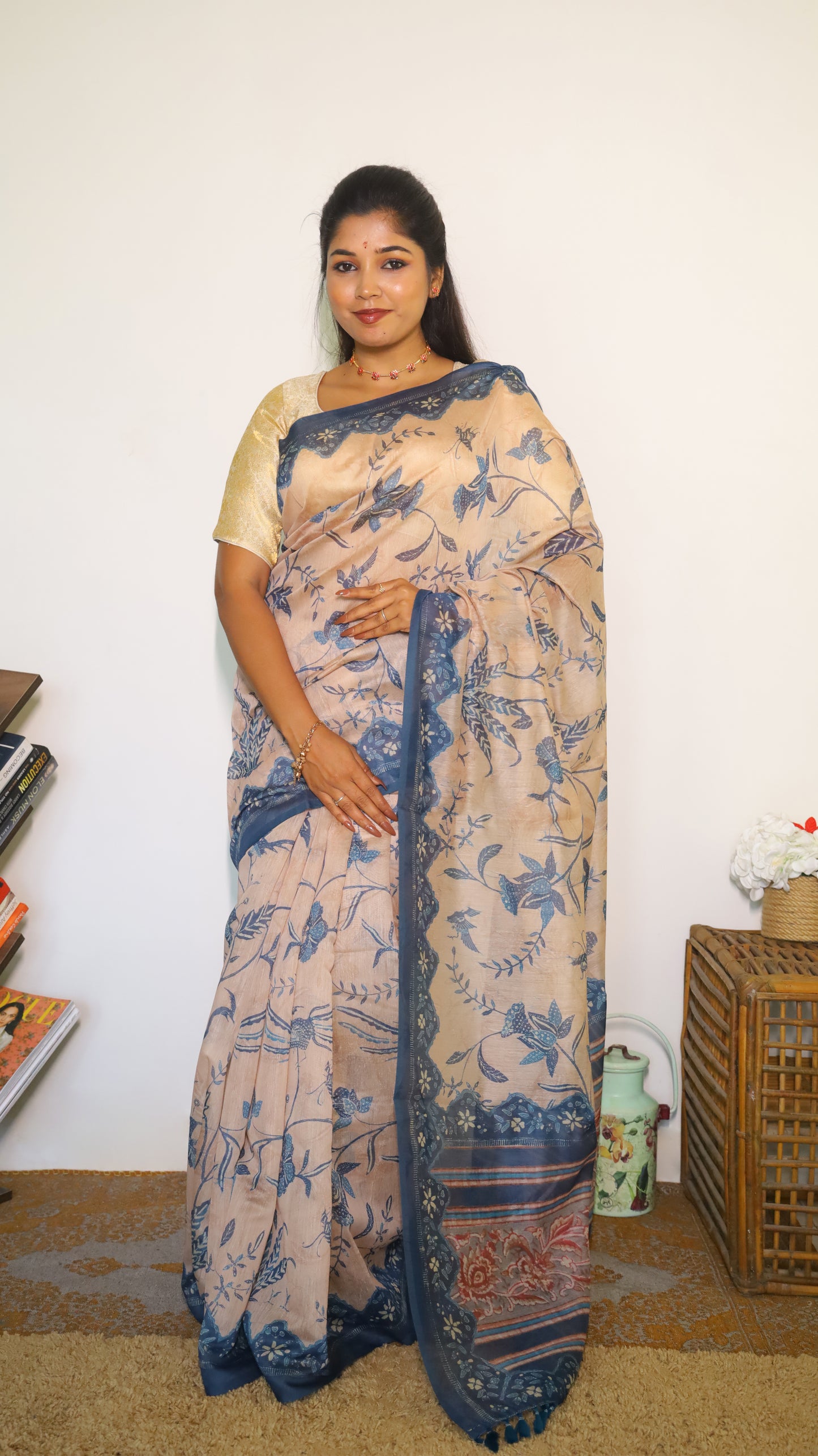 Artisanal beige Chanderi Silk Cotton saree decorated with nature-inspired motifs of birds and florals in muted tones - BOOMIKA