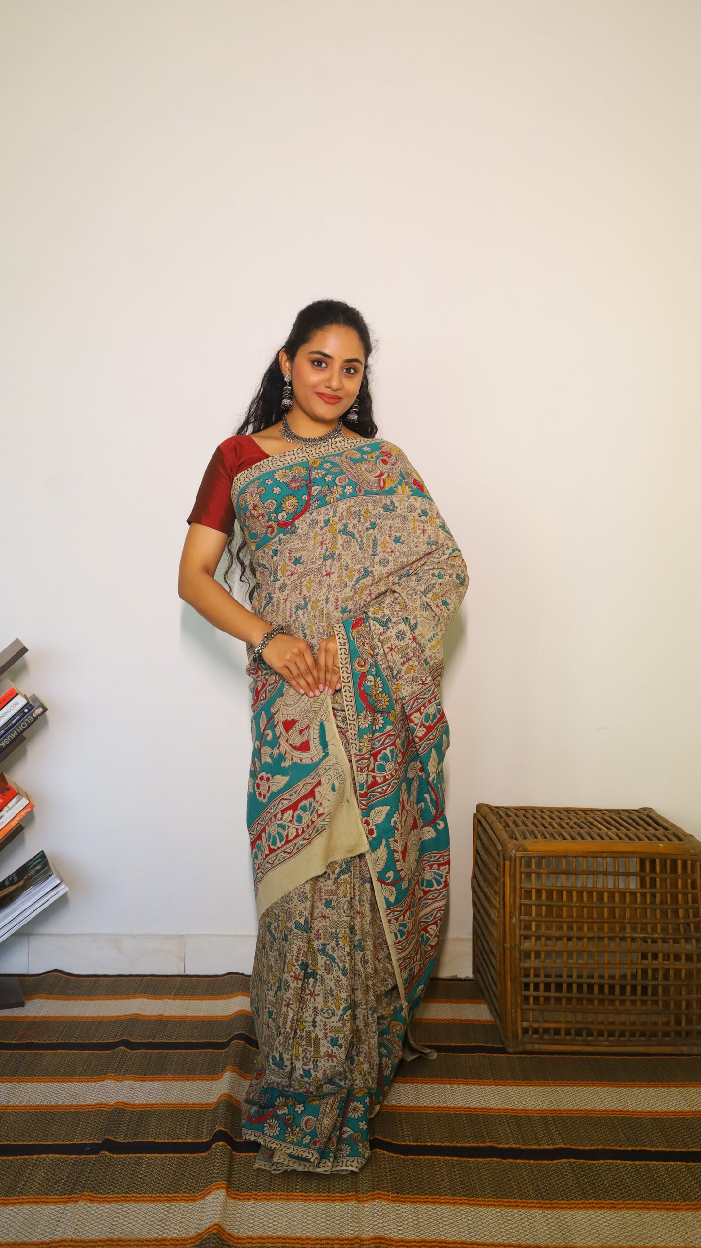 Vibrant multicolor soft cotton kalamkari saree featuring traditional motifs in floral patterns - BOOMIKA