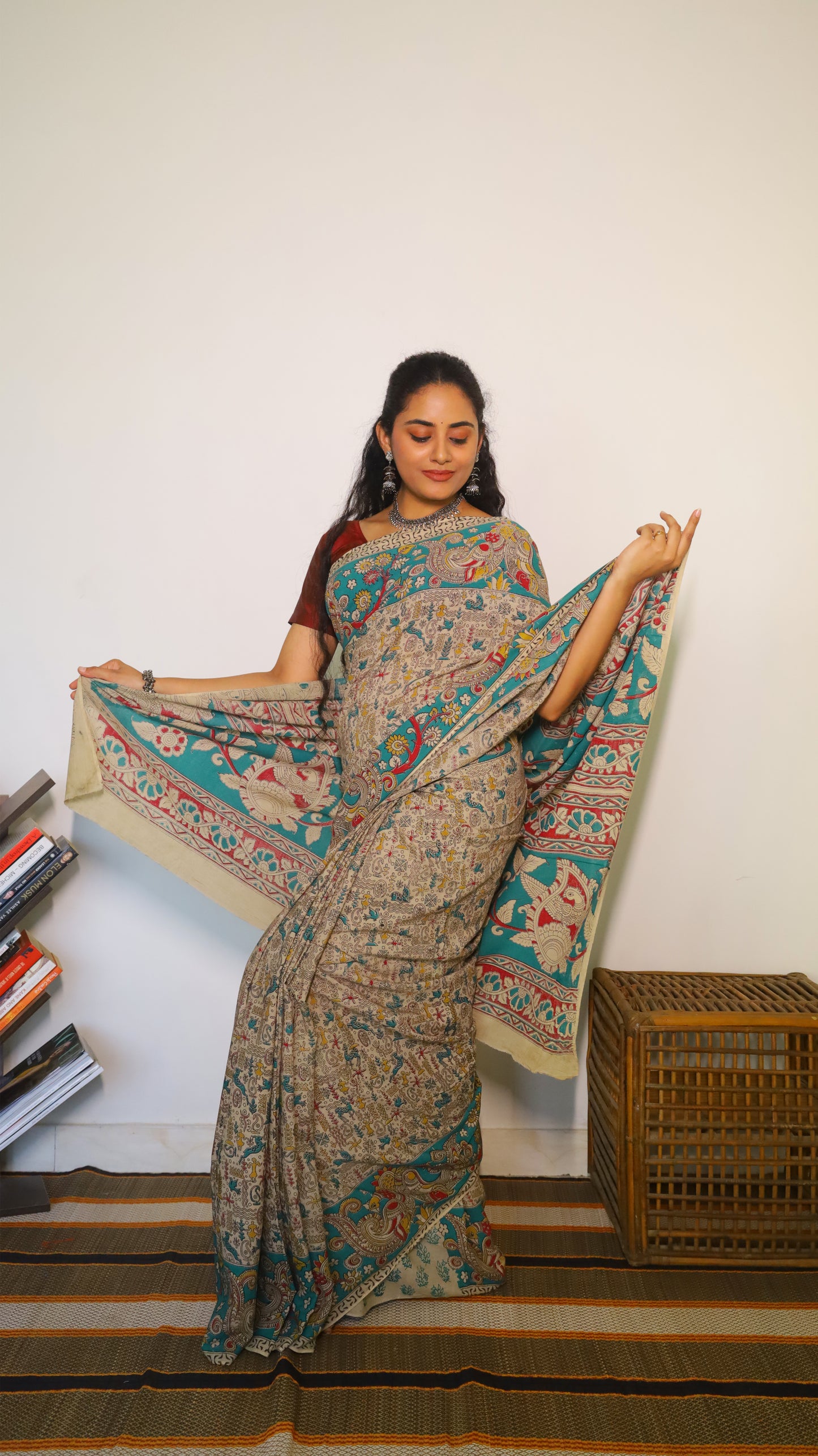 Vibrant multicolor soft cotton kalamkari saree featuring traditional motifs in floral patterns - BOOMIKA