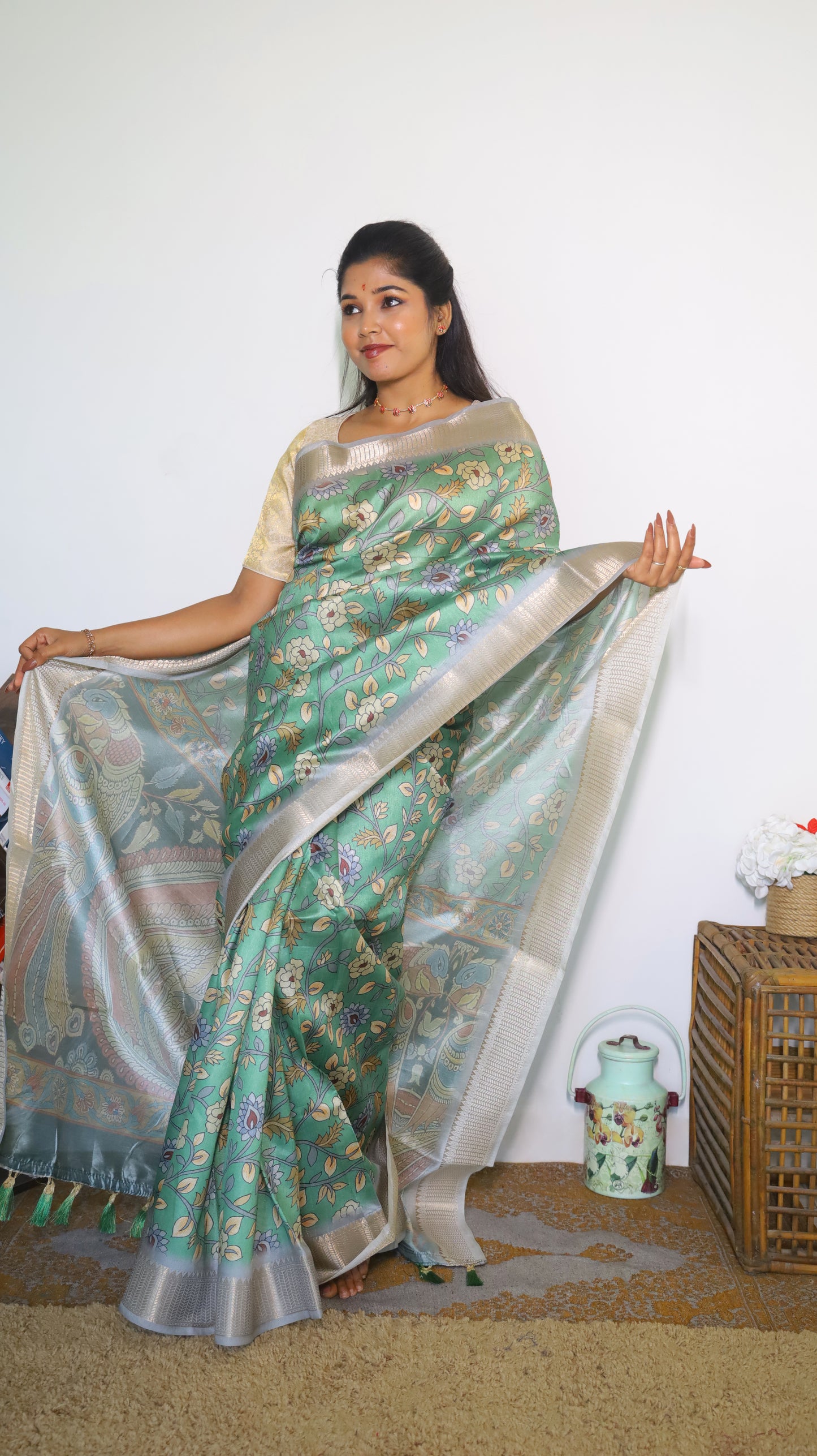 Graceful Kalamkari Semi Silk Cotton Saree with a light green body and dark green pallu with an elegant satin border  - VEDHIKA
