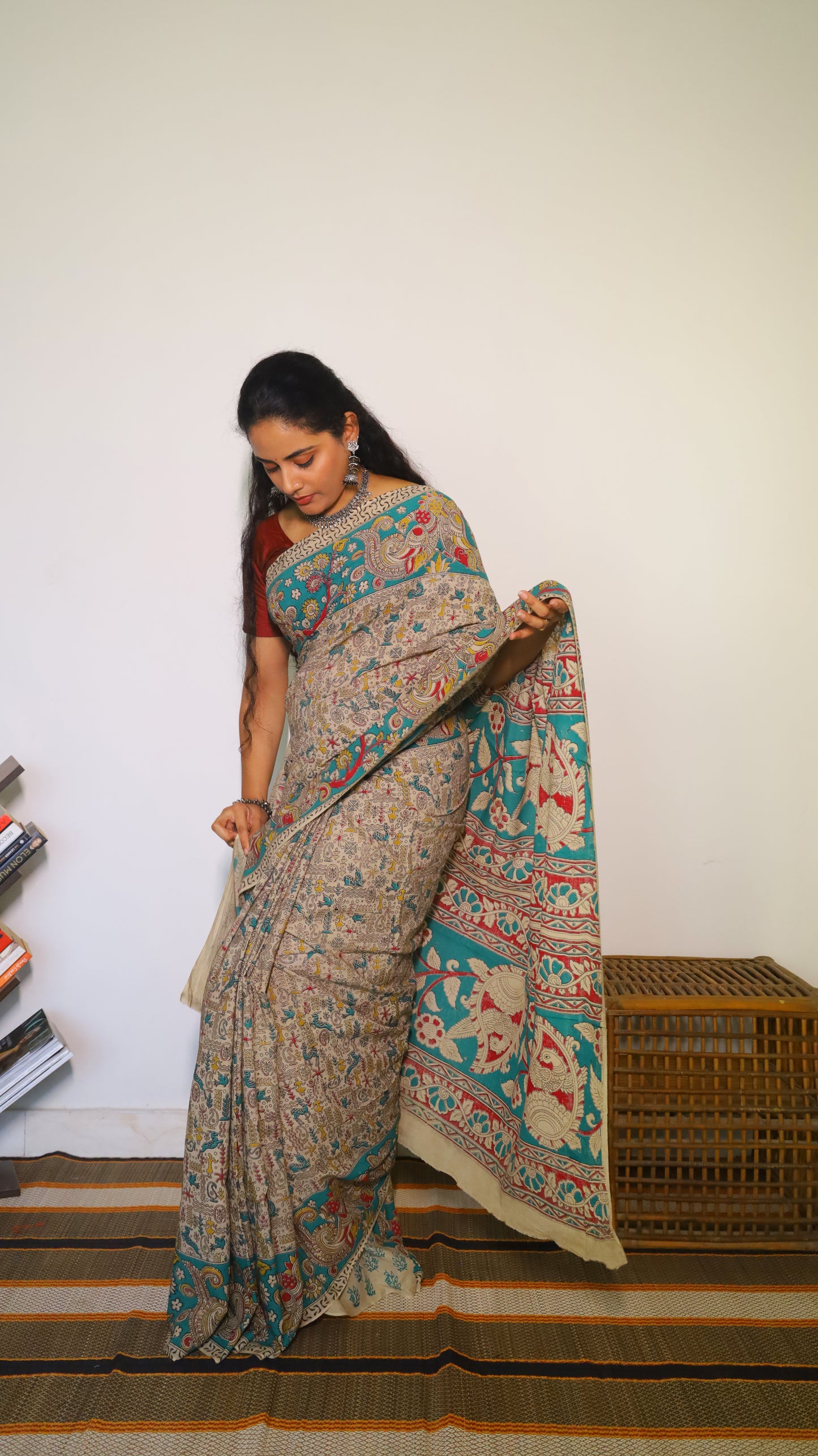 Vibrant multicolor soft cotton kalamkari saree featuring traditional motifs in floral patterns - BOOMIKA
