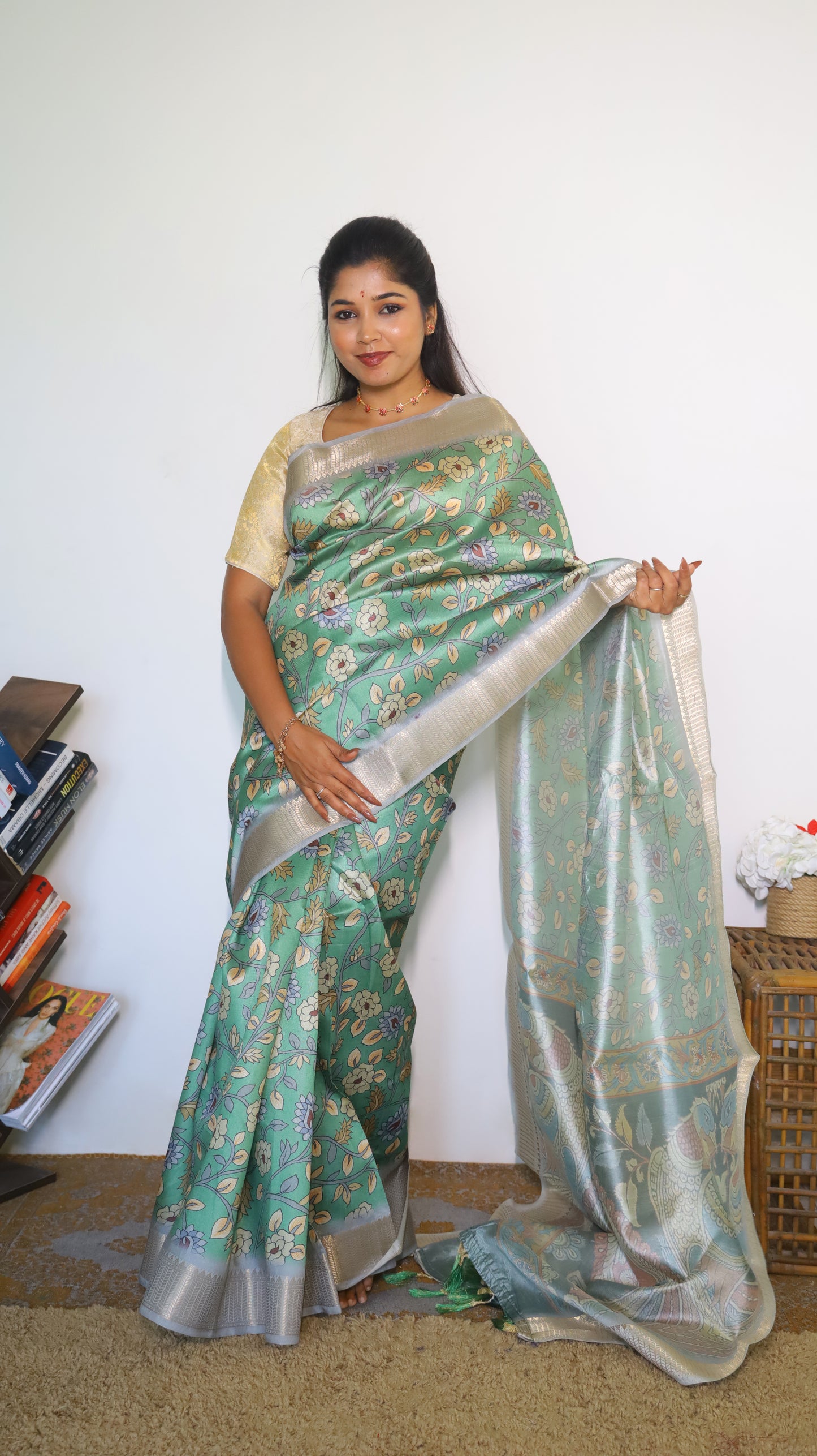 Graceful Kalamkari Semi Silk Cotton Saree with a light green body and dark green pallu with an elegant satin border  - VEDHIKA