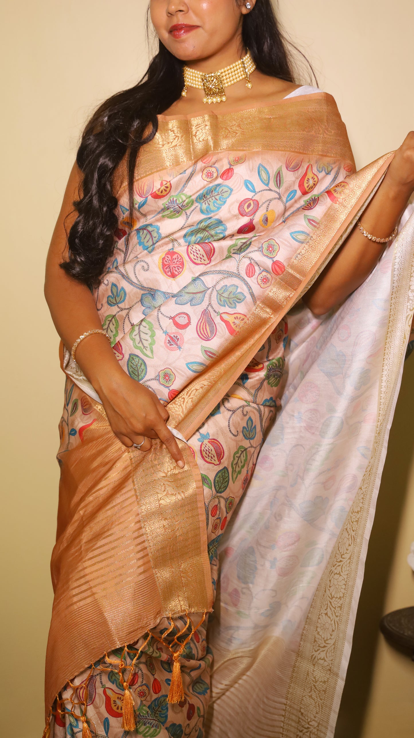 Exclusive soft silk saree with light peach body with fruit prints and dark peach colour border - AVANTHIKA
