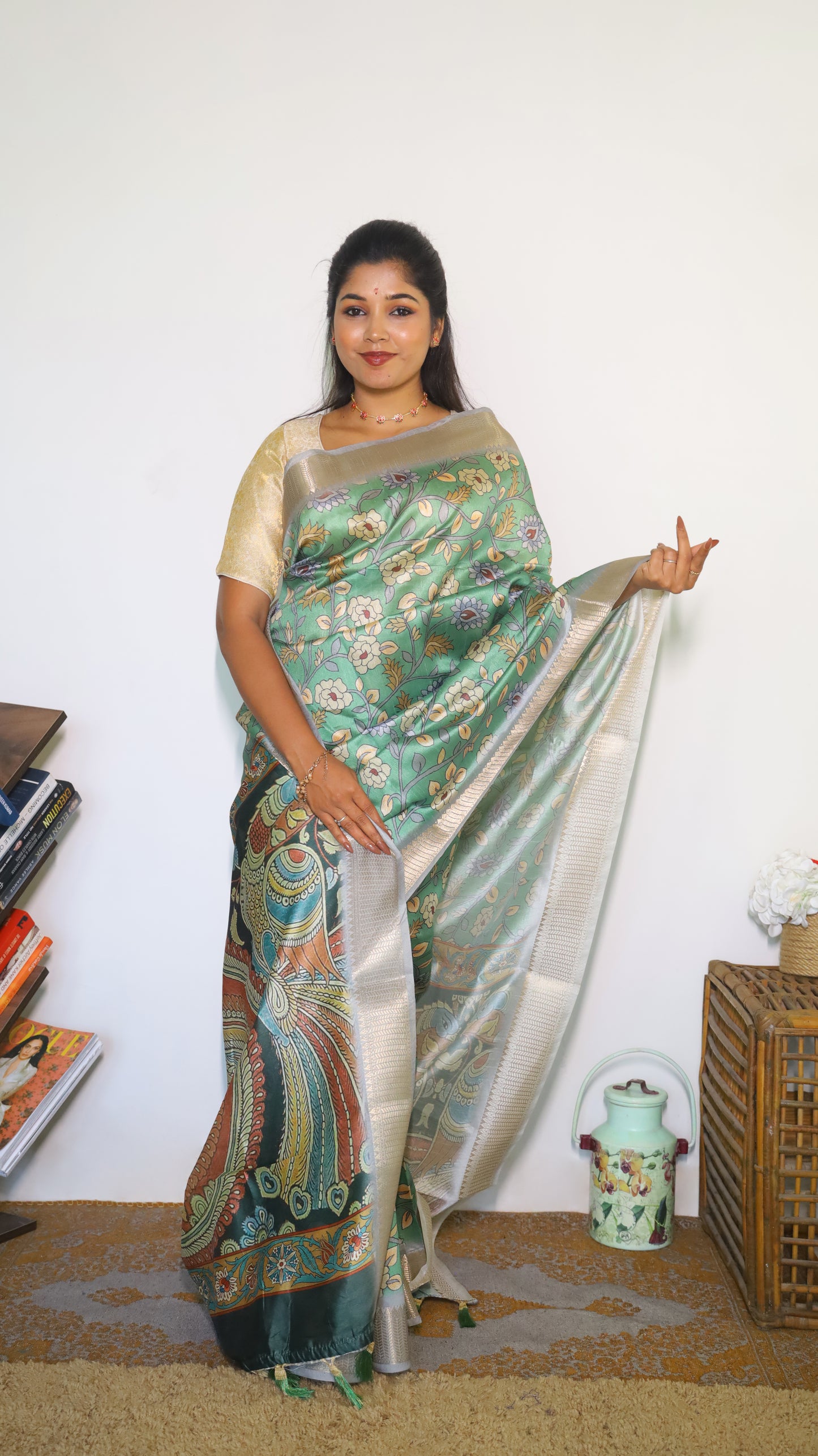 Graceful Kalamkari Semi Silk Cotton Saree with a light green body and dark green pallu with an elegant satin border  - VEDHIKA