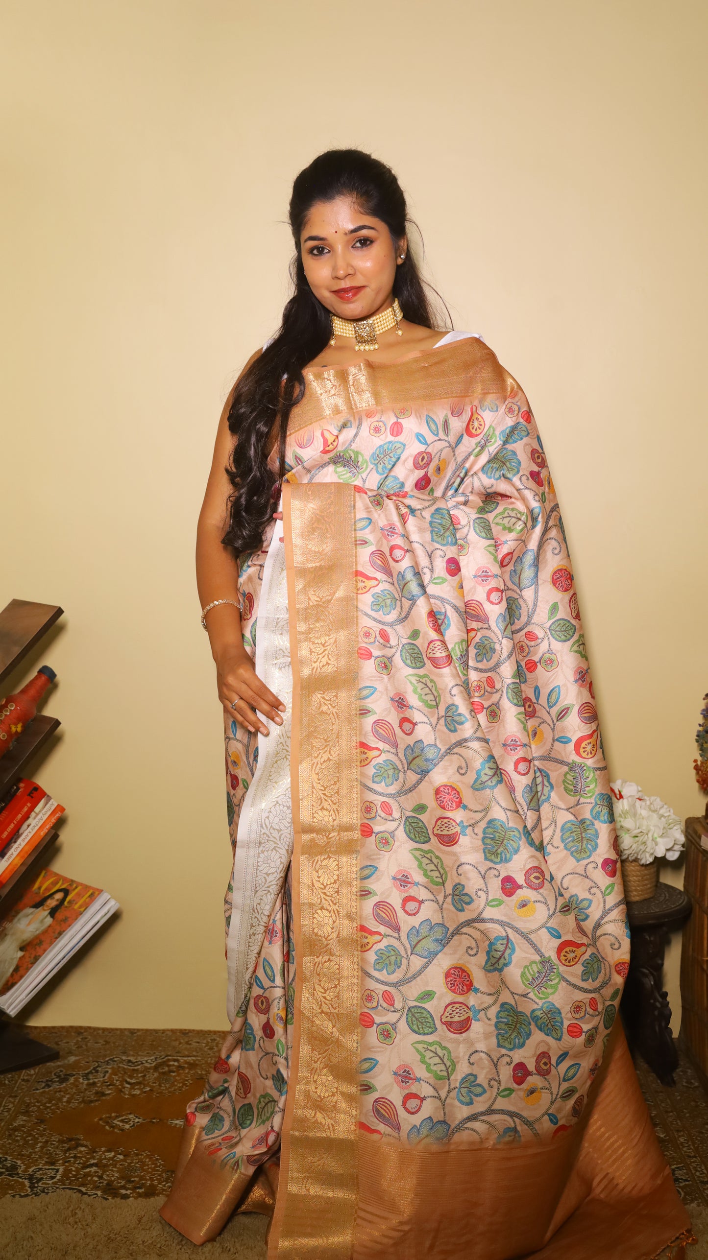 Exclusive soft silk saree with light peach body with fruit prints and dark peach colour border - AVANTHIKA