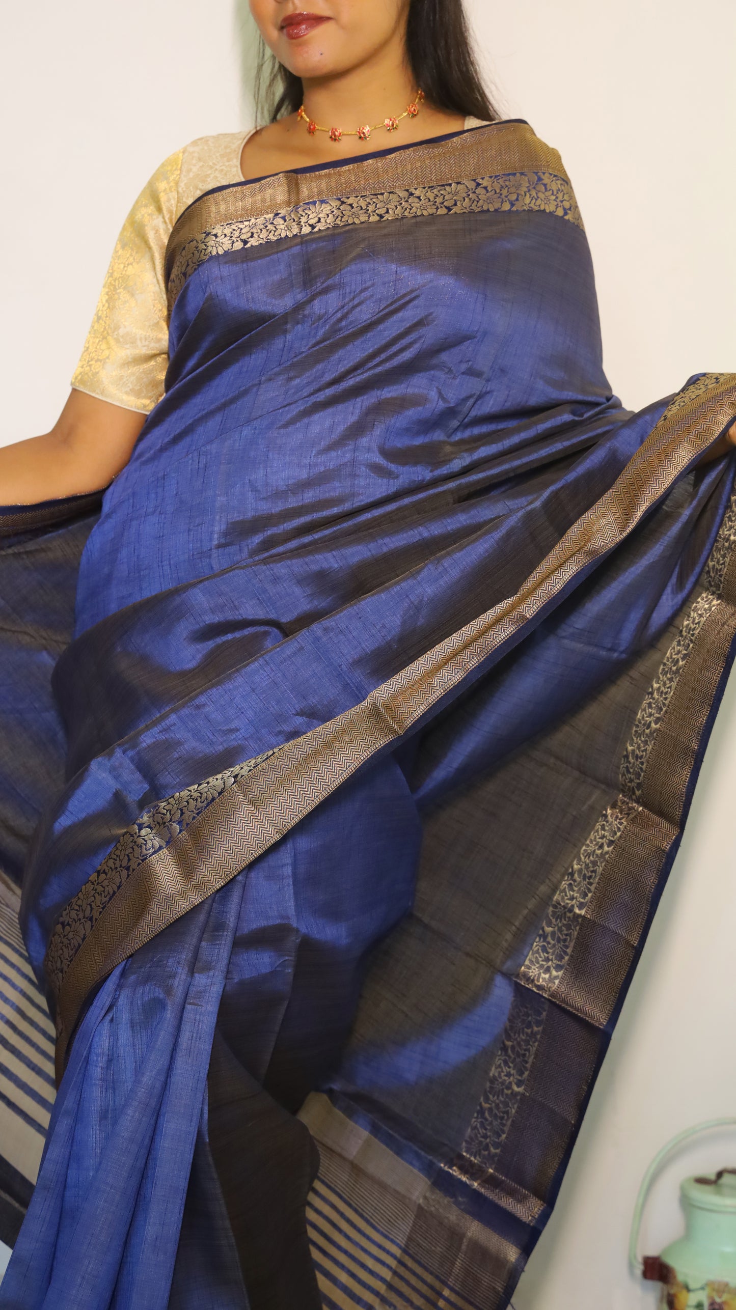 Graceful royal blue semi soft silk saree with antique gold border - AVANTHIKA