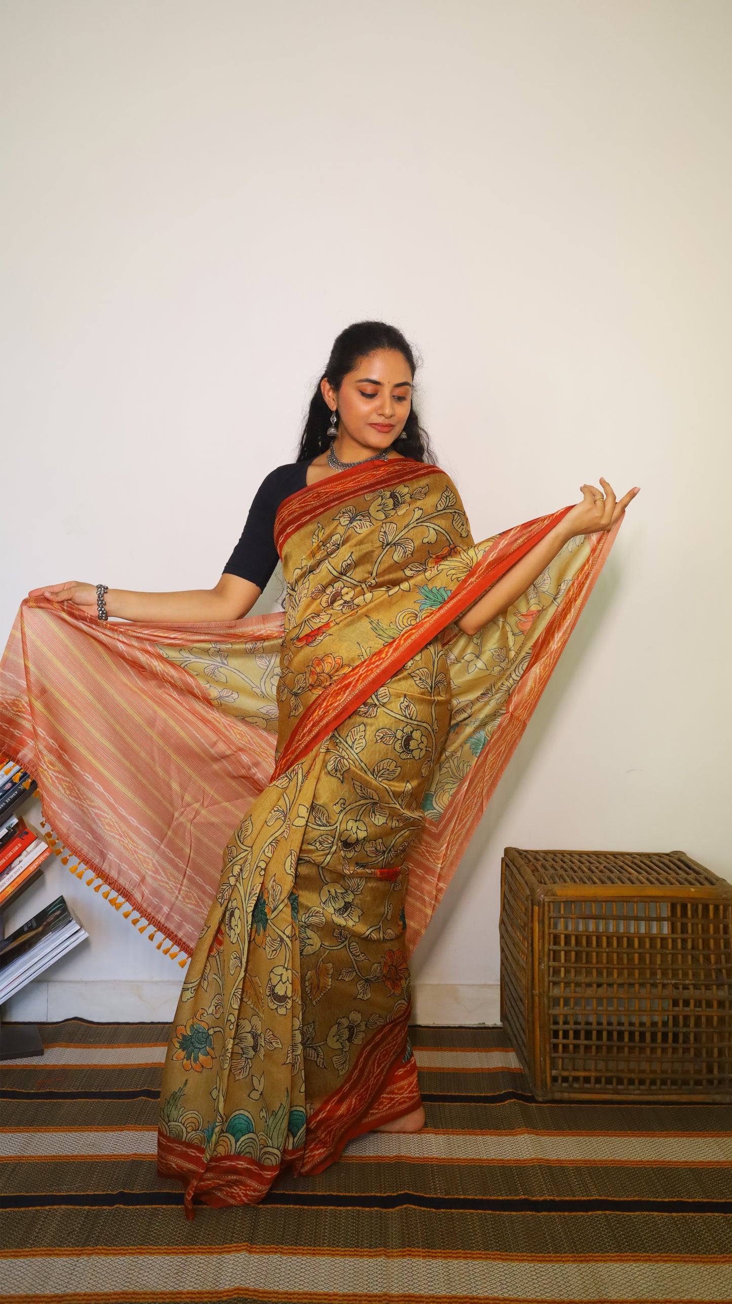 Stunning mustard Chanderi Silk Cotton saree, a perfect blend of tradition and contemporary style - VEDHIKA