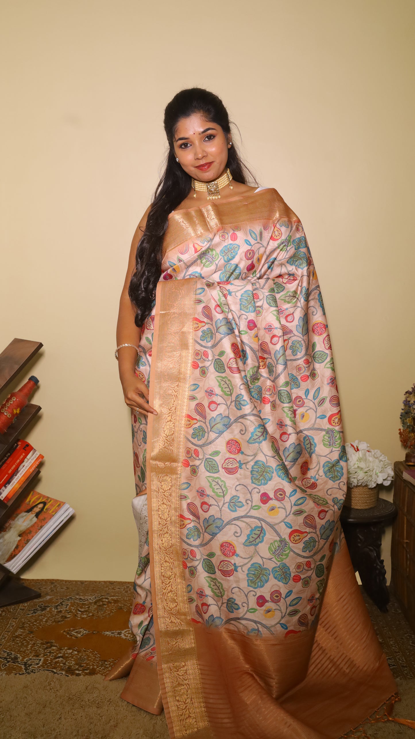 Exclusive soft silk saree with light peach body with fruit prints and dark peach colour border - AVANTHIKA