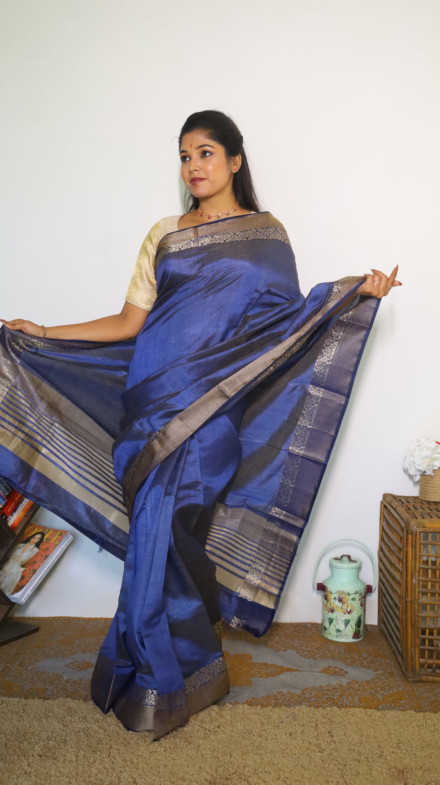 Graceful royal blue semi soft silk saree with antique gold border - AVANTHIKA