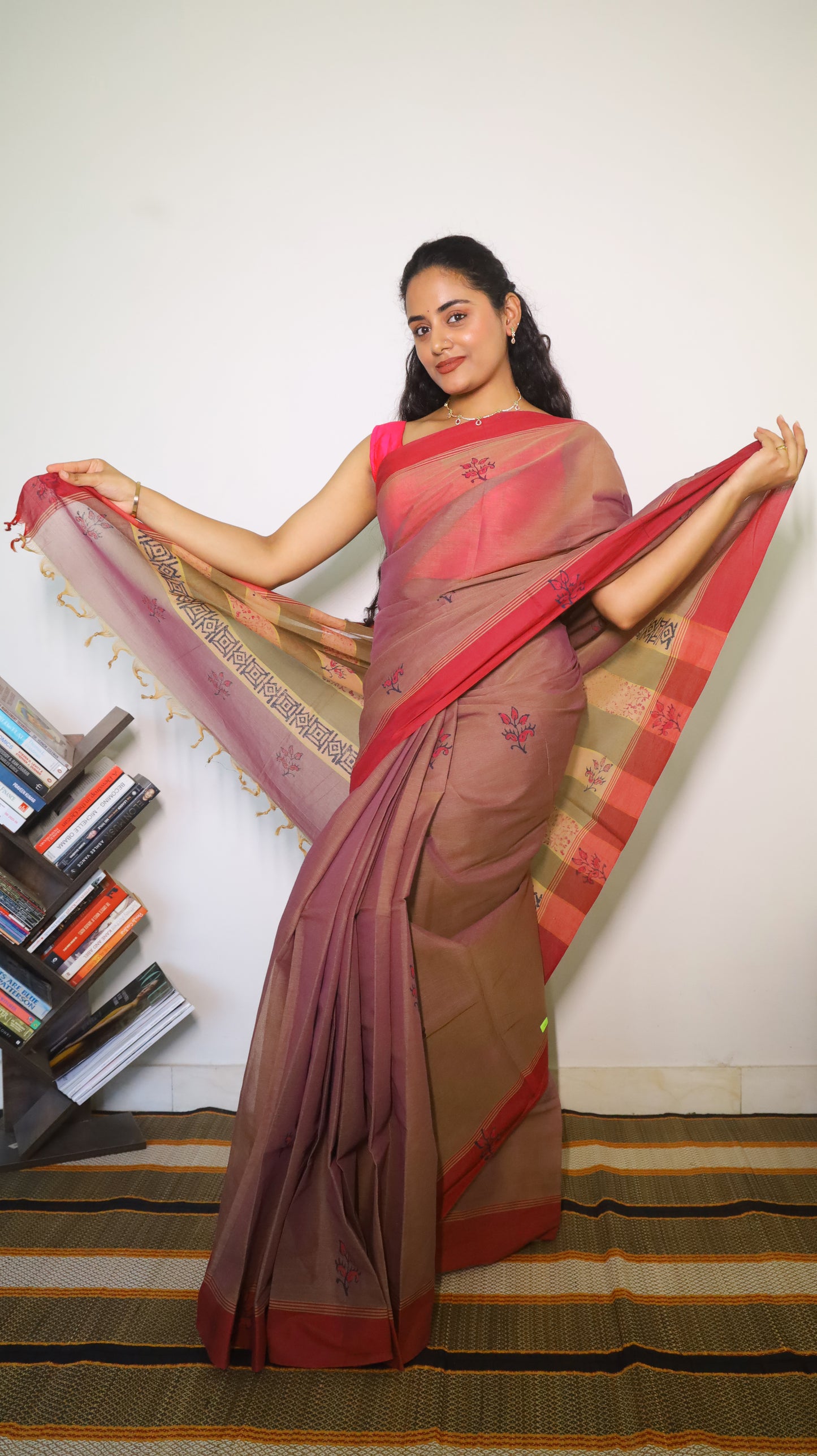 Breathable purple cotton saree with floral block print  - BOOMIKA