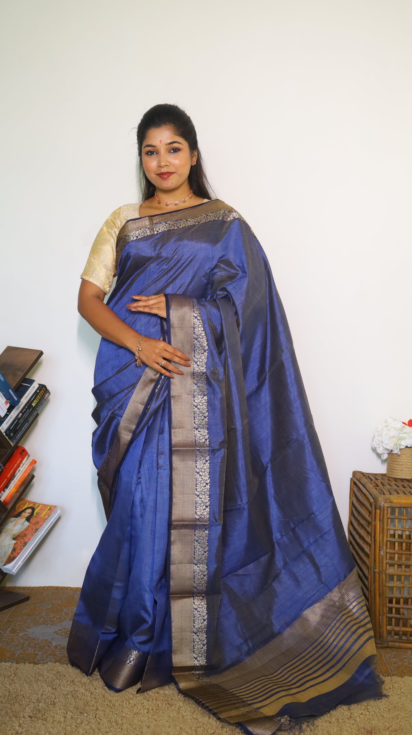 Graceful royal blue semi soft silk saree with antique gold border - AVANTHIKA