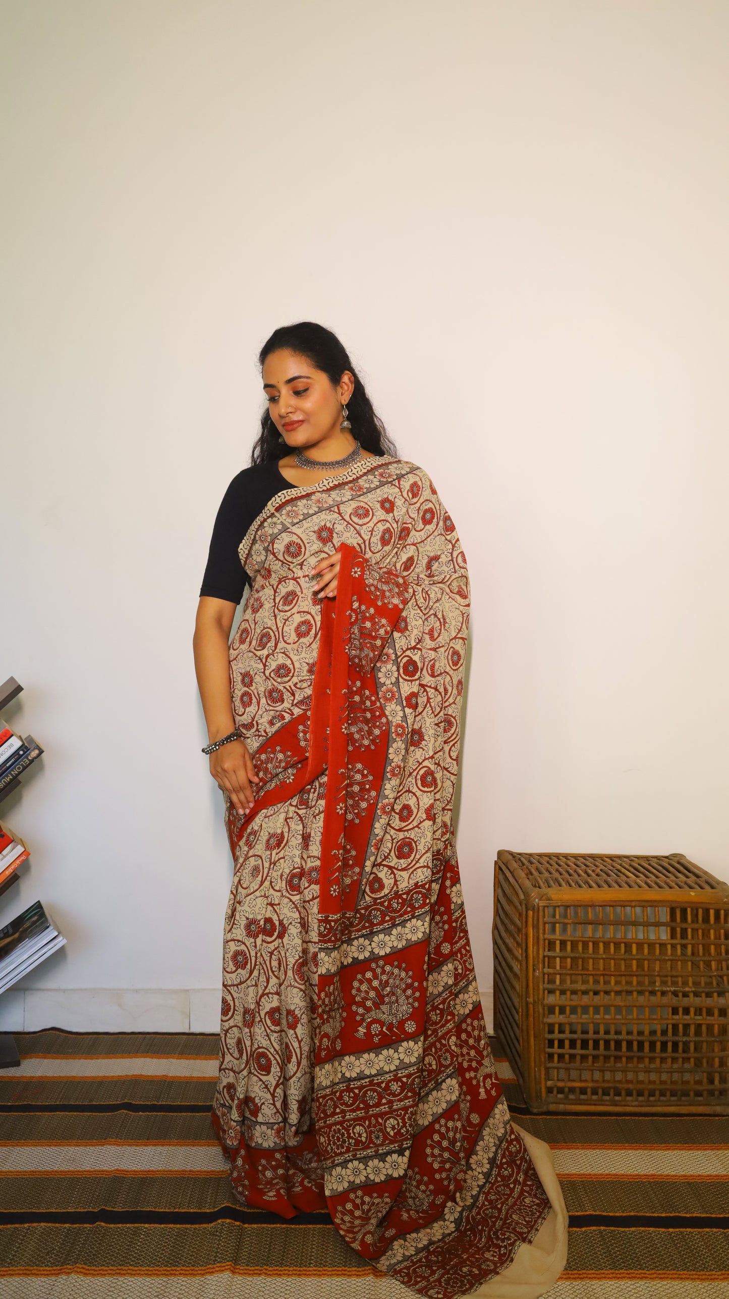 Everyday comfort soft cotton Kalamkari saree featuring artistic red motifs on a beige base - BOOMIKA