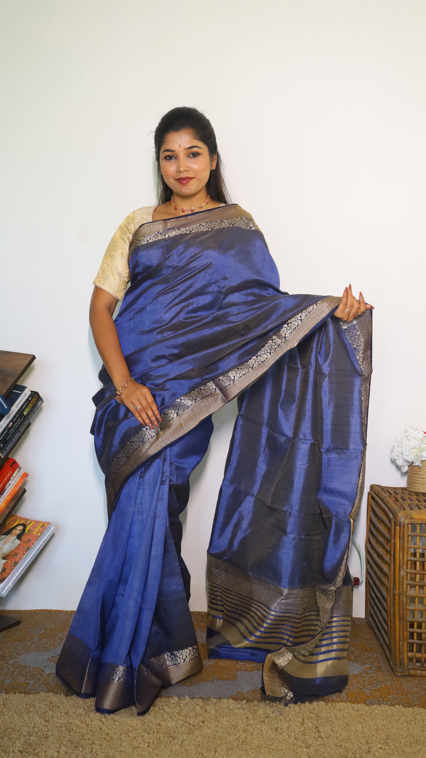 Graceful royal blue semi soft silk saree with antique gold border - AVANTHIKA