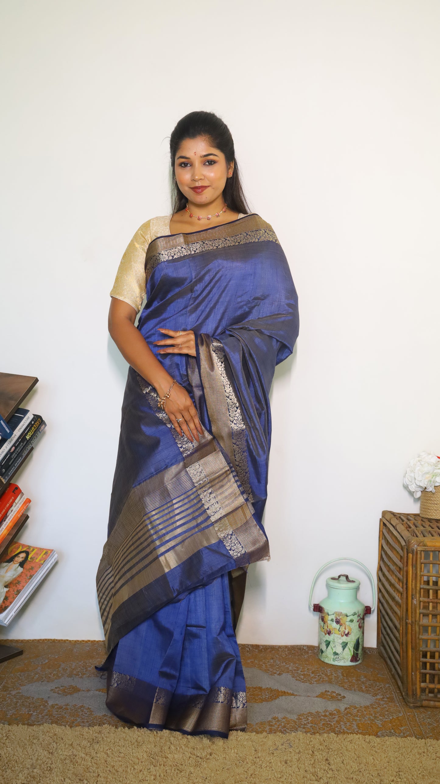 Graceful royal blue semi soft silk saree with antique gold border - AVANTHIKA