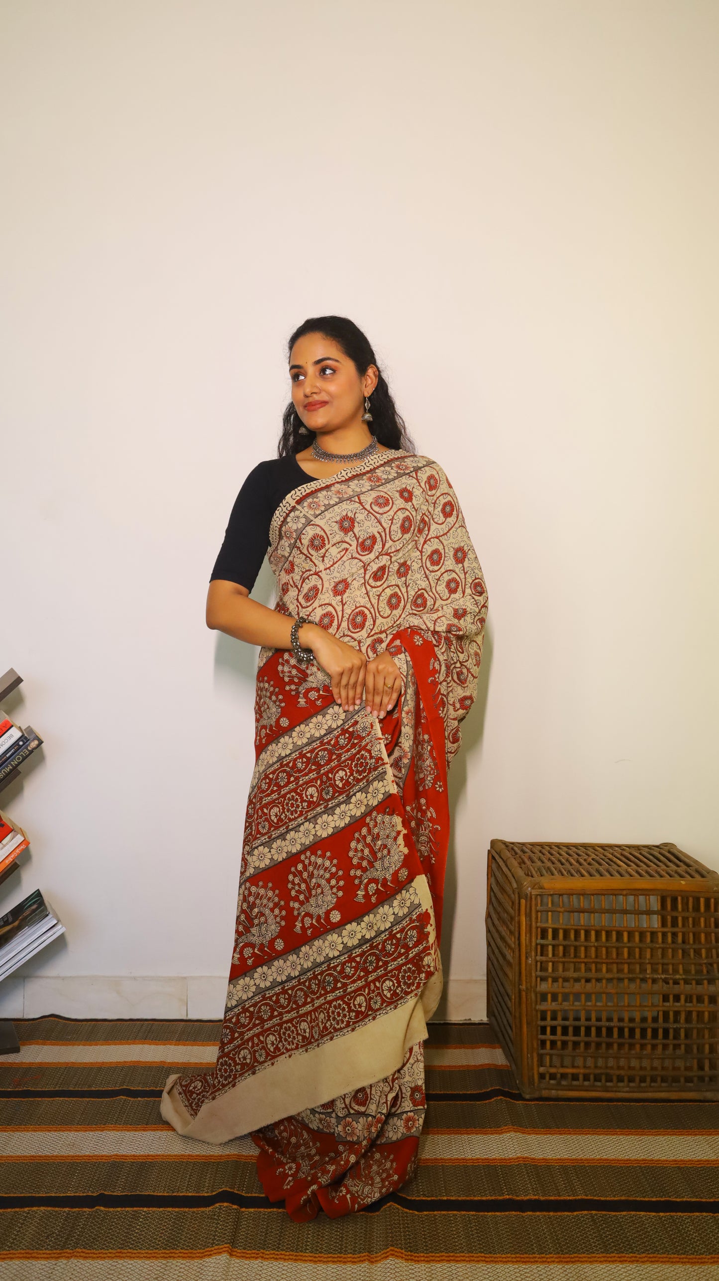 Everyday comfort soft cotton Kalamkari saree featuring artistic red motifs on a beige base - BOOMIKA