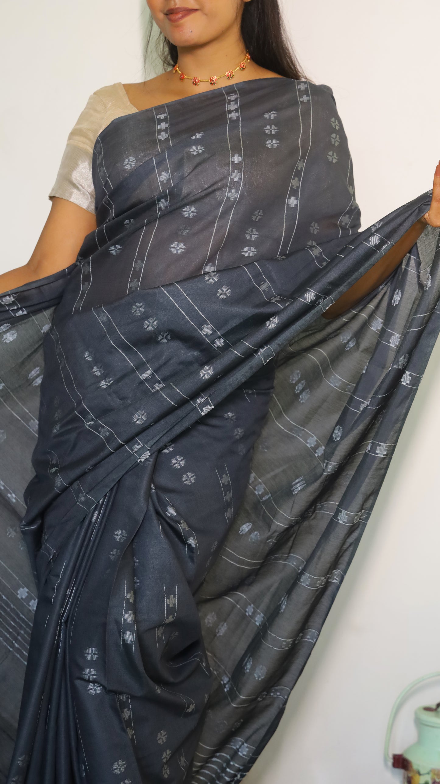 Elegant Semi Tussar Silk Saree in slate grey featuring delicate white embroidery - PREETHIKA