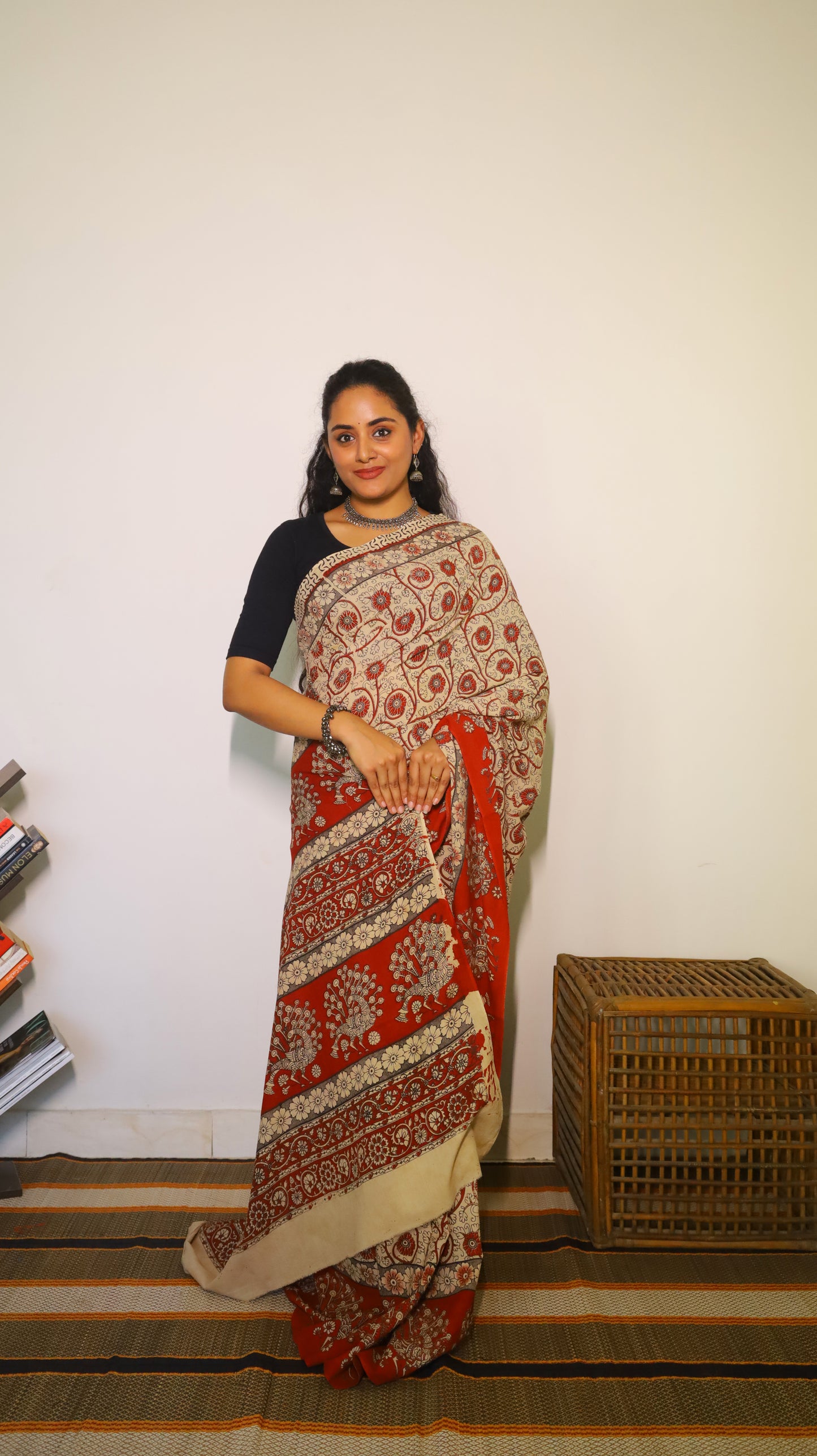 Everyday comfort soft cotton Kalamkari saree featuring artistic red motifs on a beige base - BOOMIKA