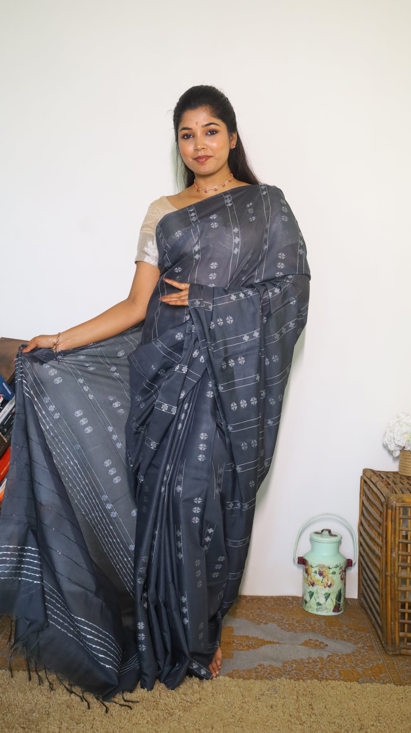 Elegant Semi Tussar Silk Saree in slate grey featuring delicate white embroidery - PREETHIKA