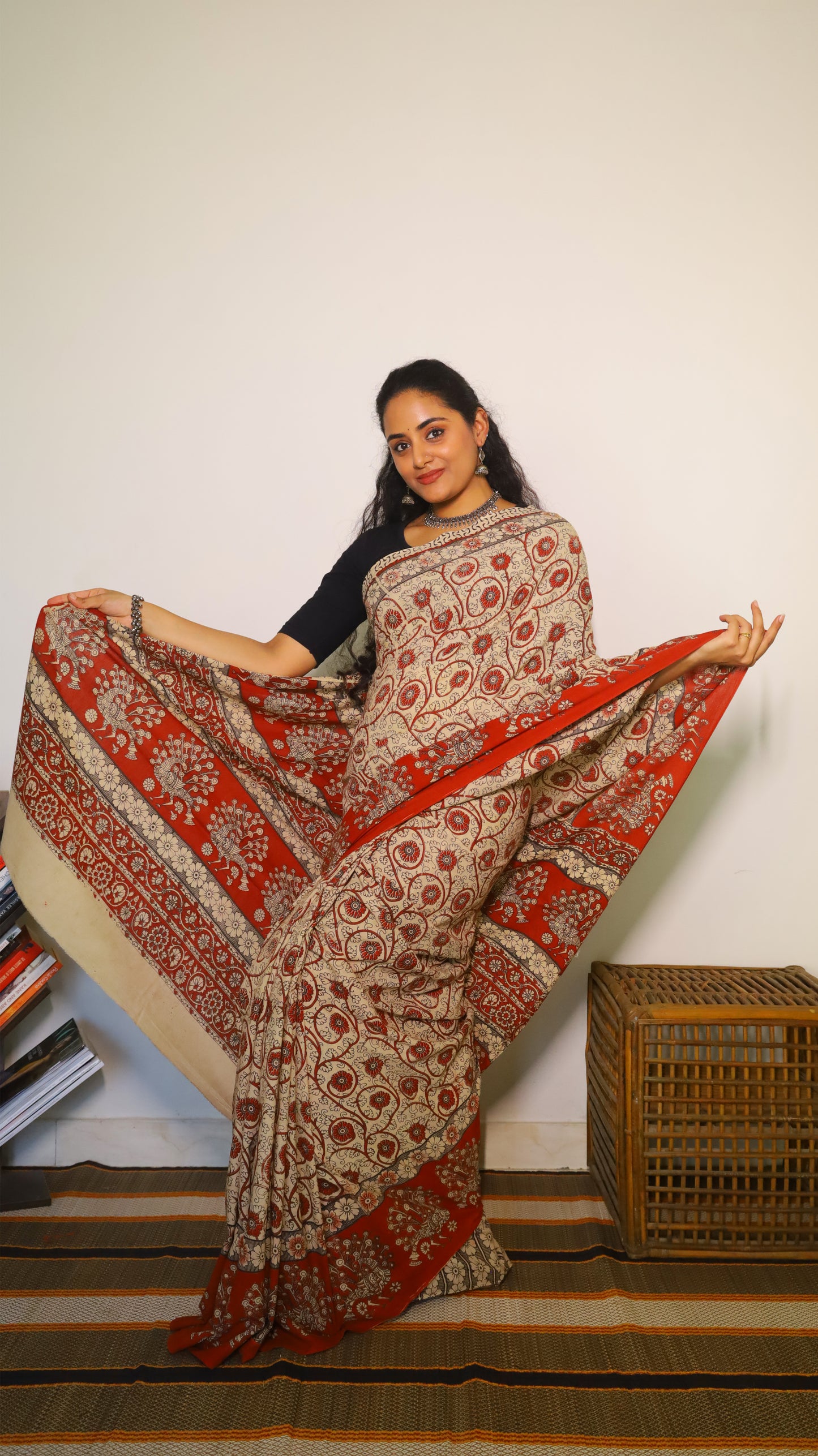 Everyday comfort soft cotton Kalamkari saree featuring artistic red motifs on a beige base - BOOMIKA
