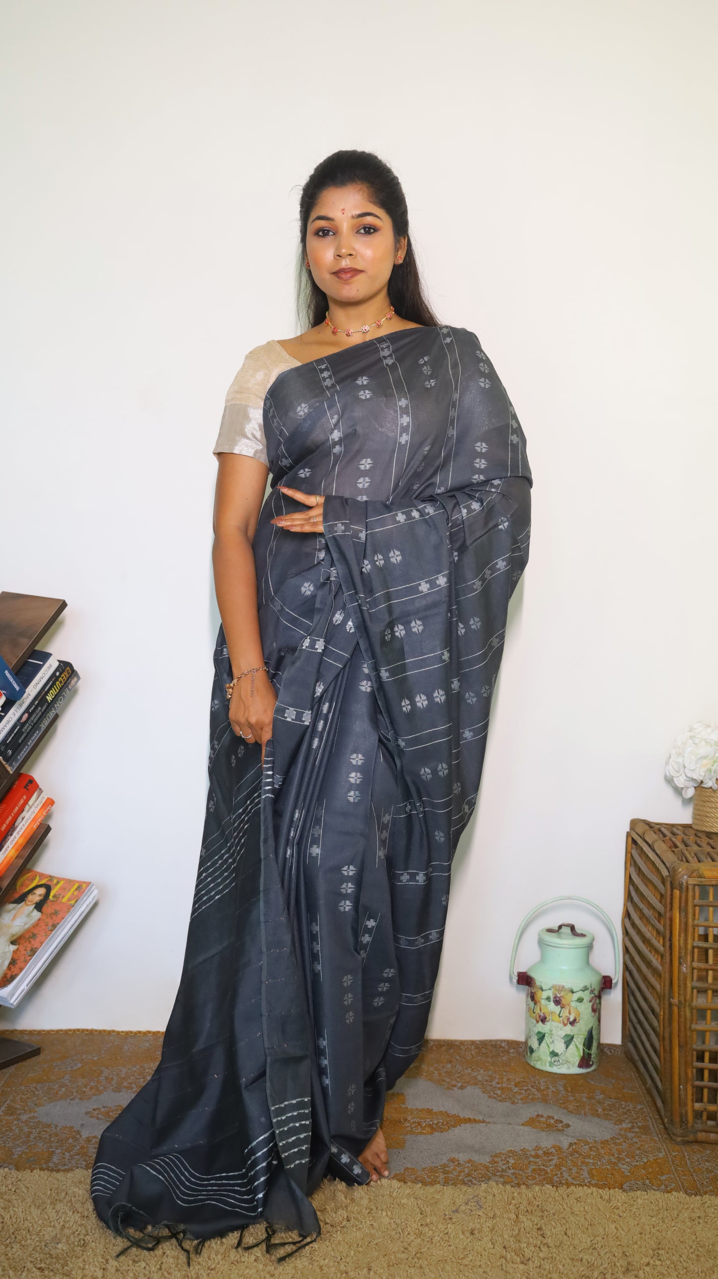 Elegant Semi Tussar Silk Saree in slate grey featuring delicate white embroidery - PREETHIKA