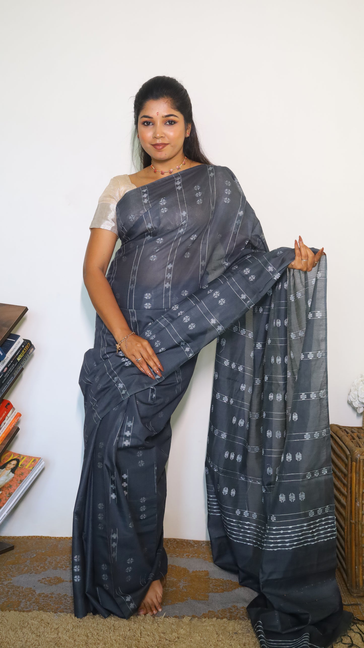 Elegant Semi Tussar Silk Saree in slate grey featuring delicate white embroidery - PREETHIKA