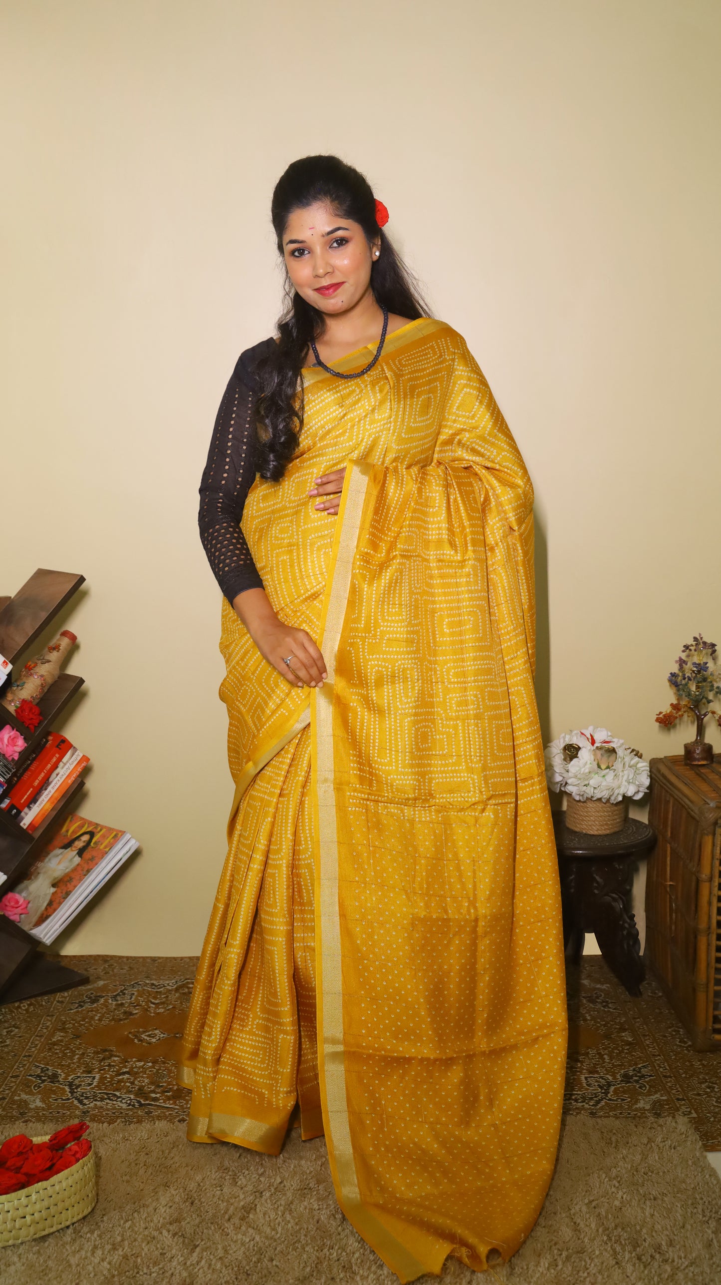 Turmeric gold semi silk saree with its intricate white dotted body, perfect for casual wear - SHRUTHIKA