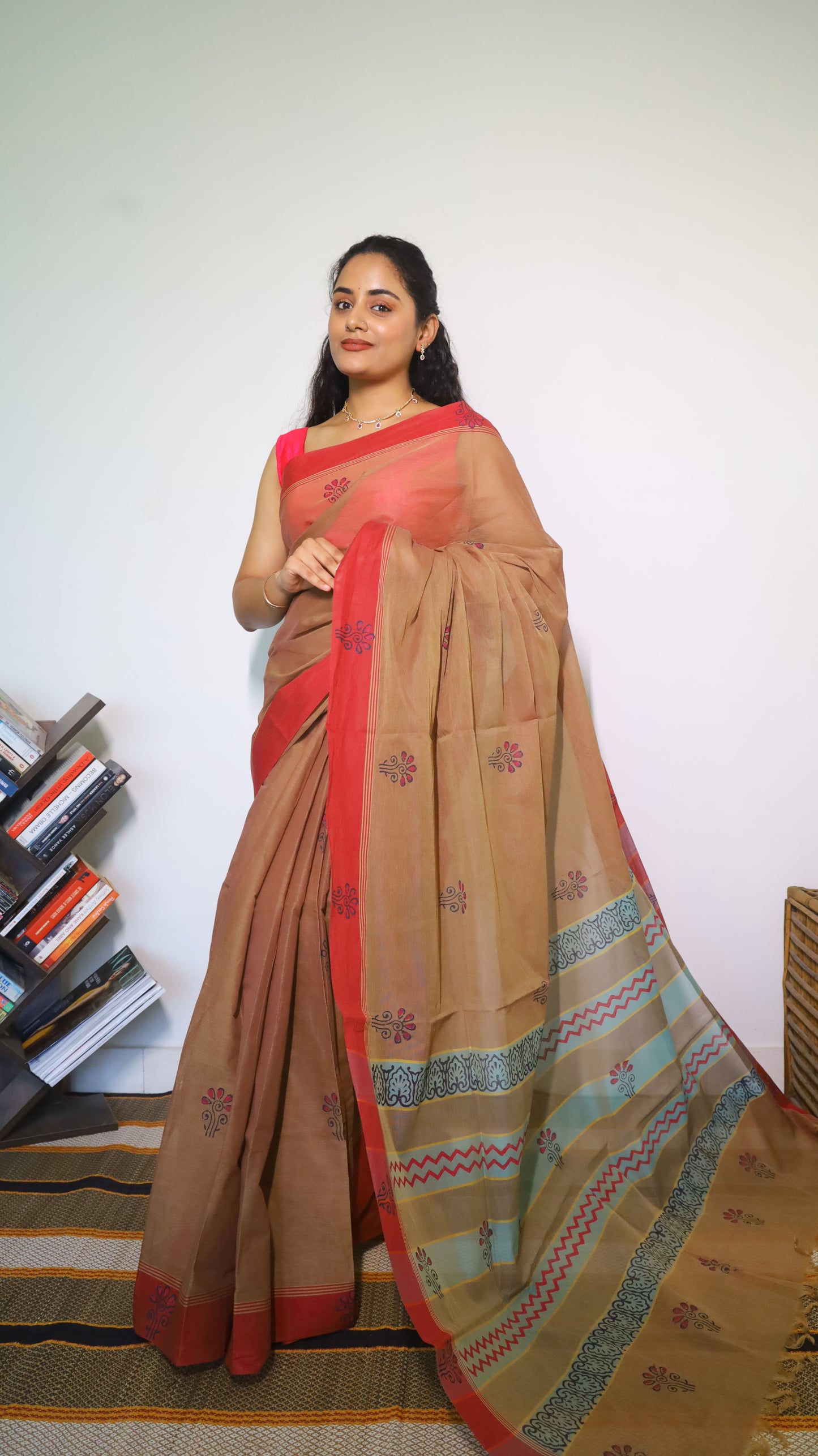 Graceful brown cotton block print saree with delicate floral buttas  - BOOMIKA
