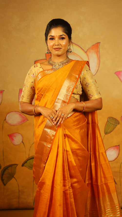 Charming Mustard orange Semi Soft Silk Saree with rich gold zari woven border - AVANTHIKA
