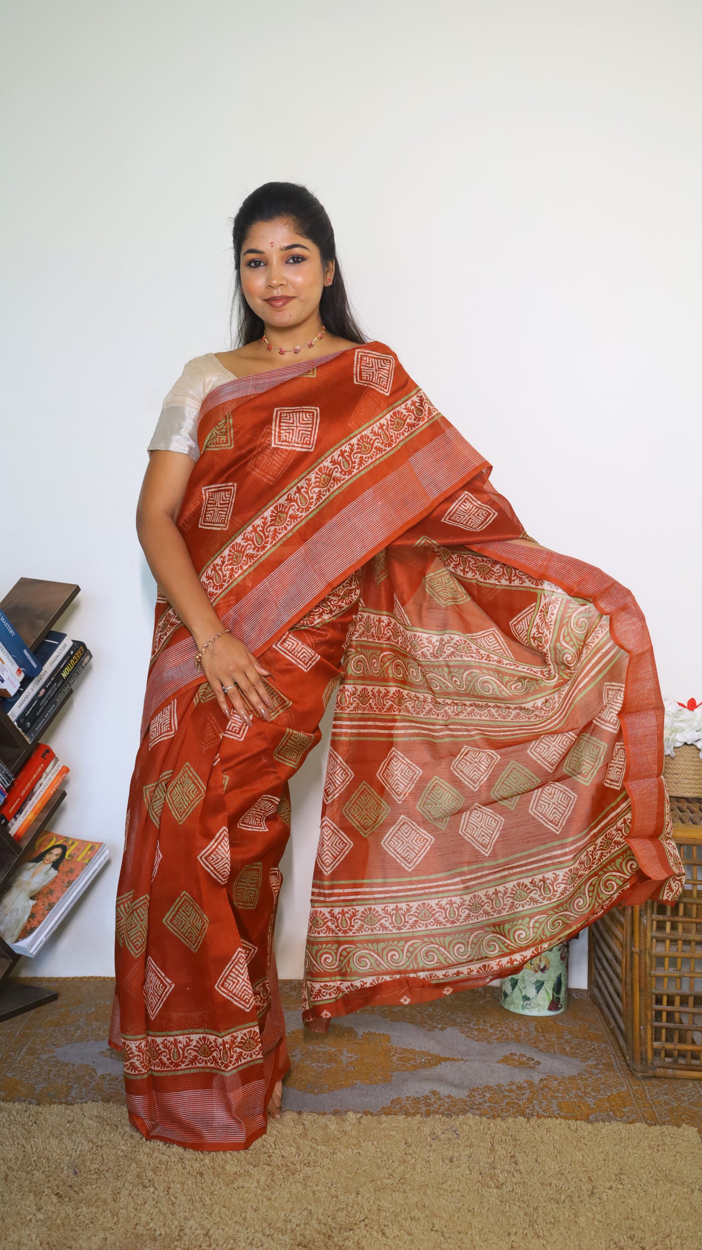 Elegant brick red silk cotton saree with traditional motifs- VEDHIKA