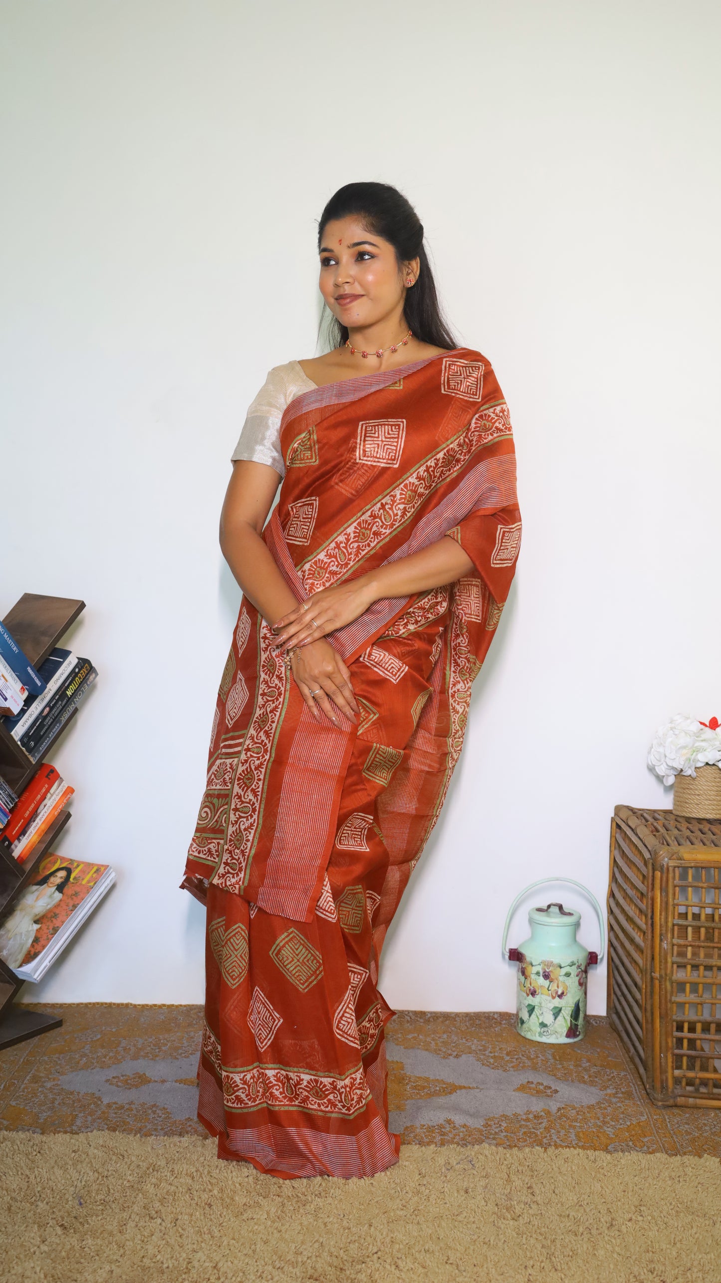 Elegant brick red silk cotton saree with traditional motifs- VEDHIKA
