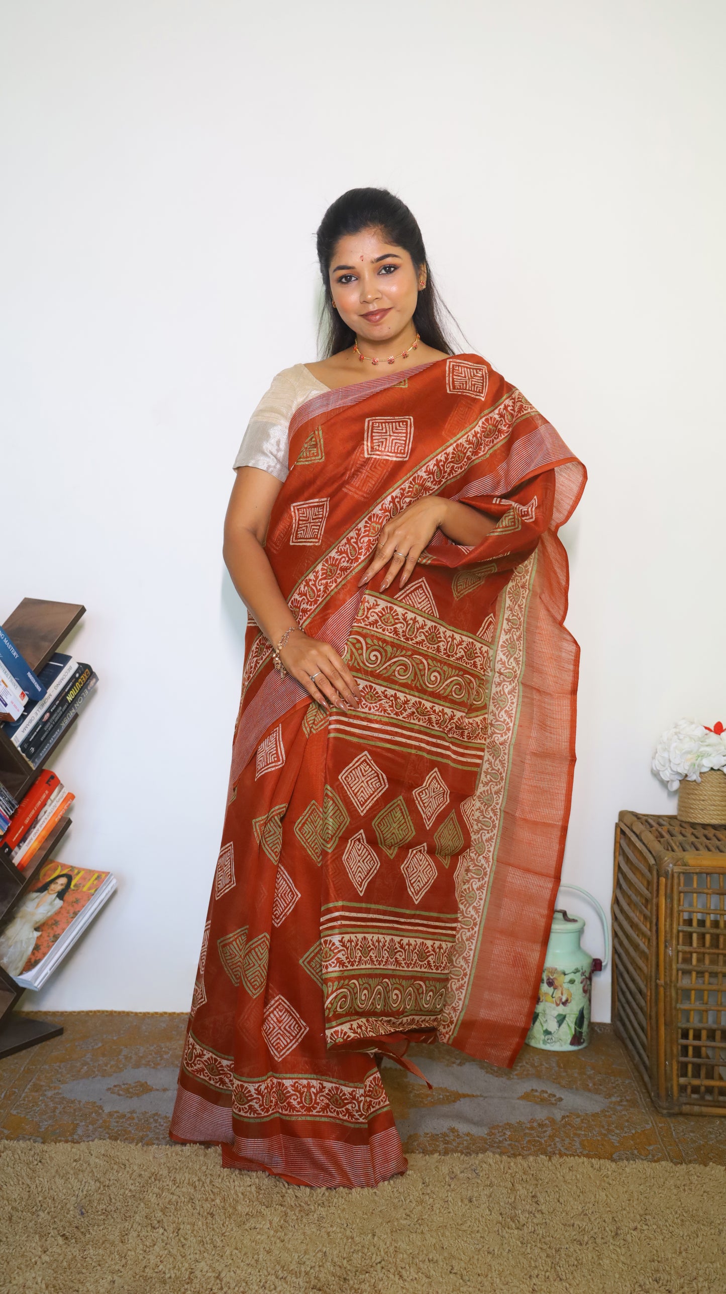 Elegant brick red silk cotton saree with traditional motifs- VEDHIKA