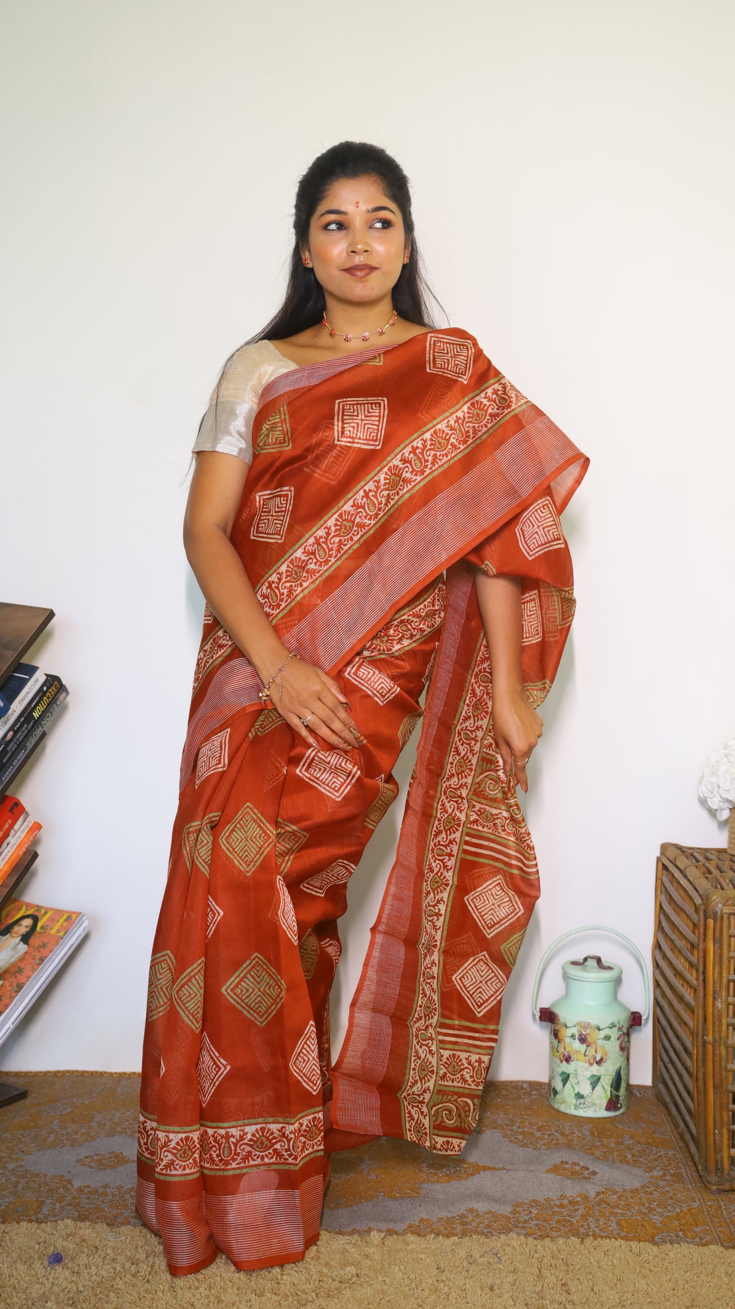 Elegant brick red silk cotton saree with traditional motifs- VEDHIKA