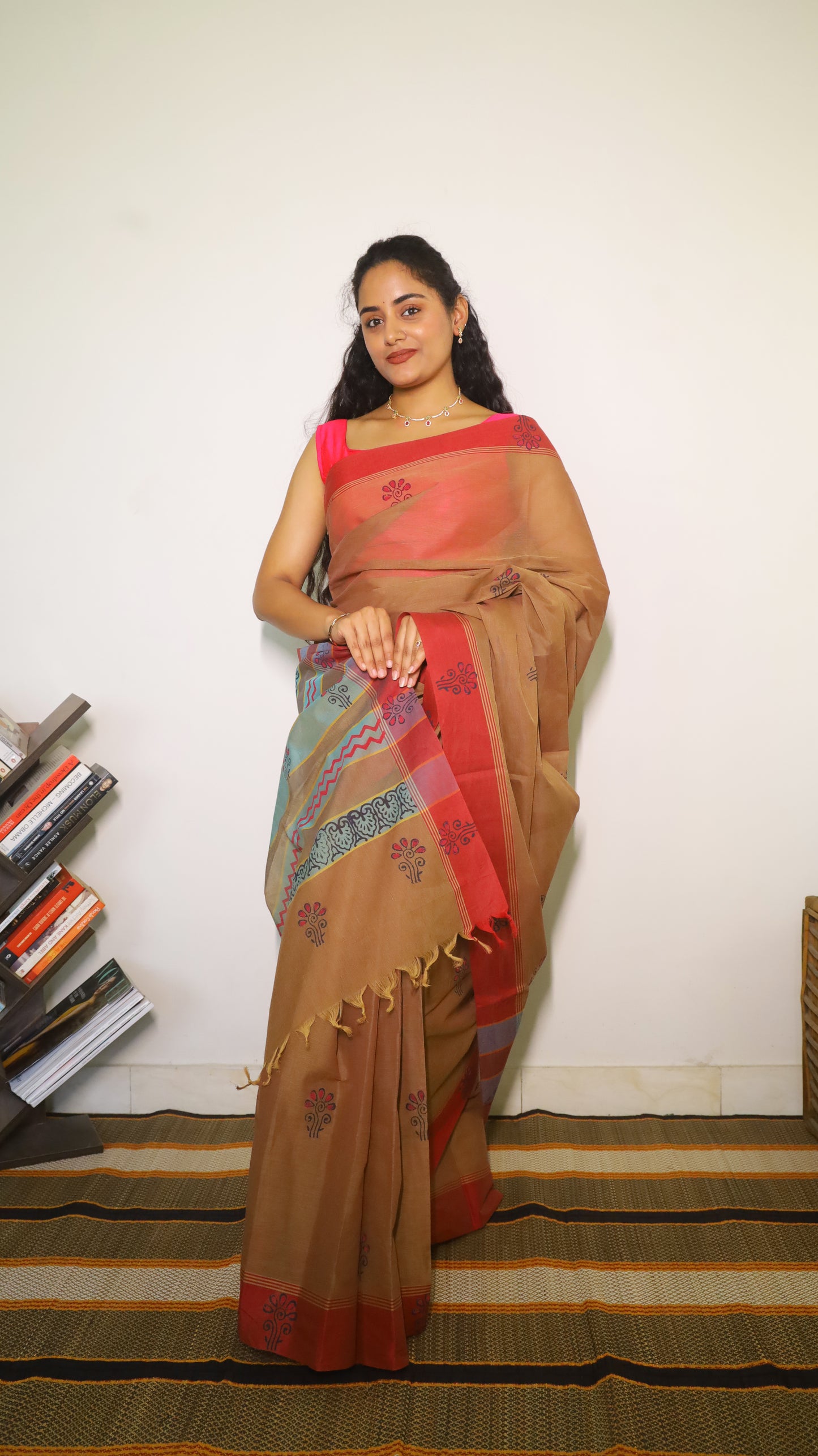 Graceful brown cotton block print saree with delicate floral buttas  - BOOMIKA