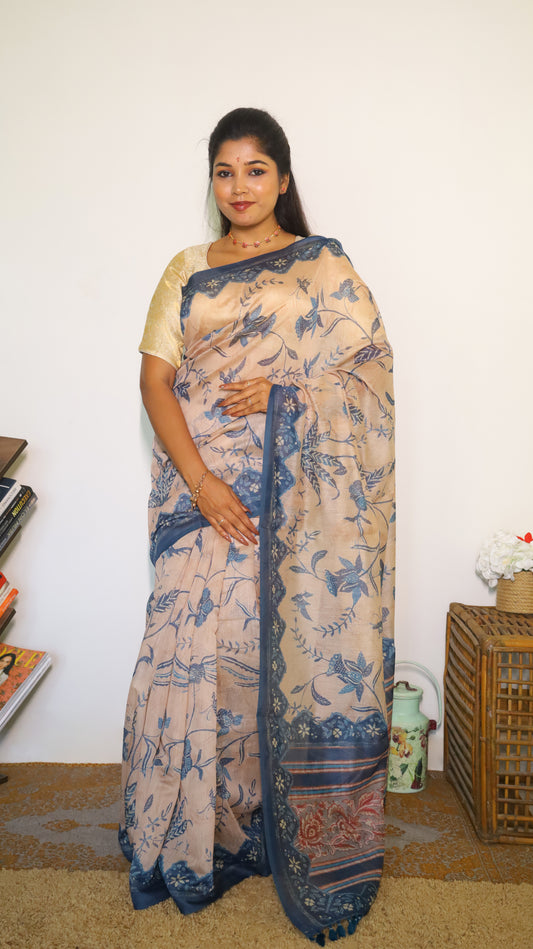 Beige Chanderi silk cotton saree
