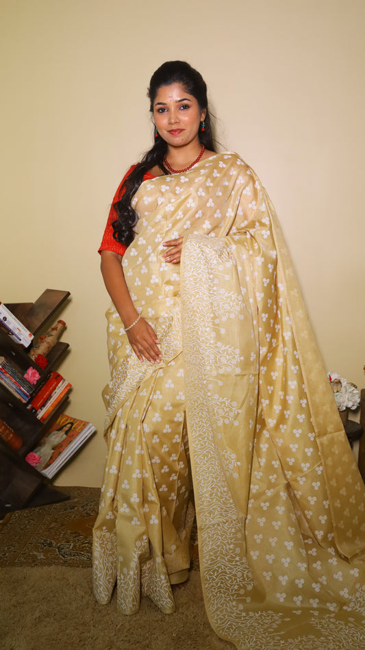 Beige silk cotton saree