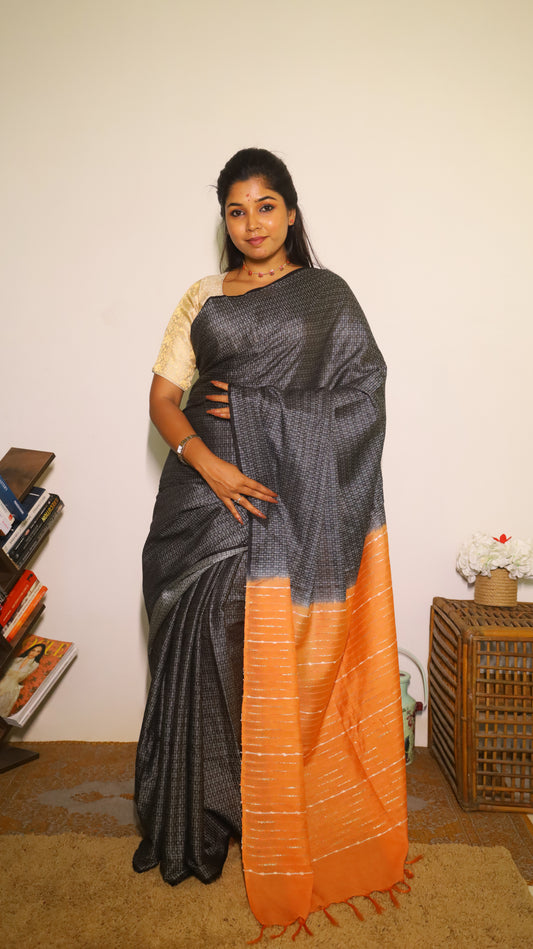 Black semi tussar silk saree
