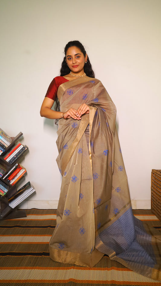 Blue block print cotton saree