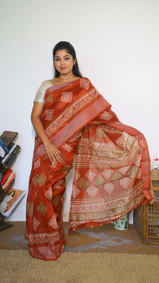 Brick red silk cotton saree